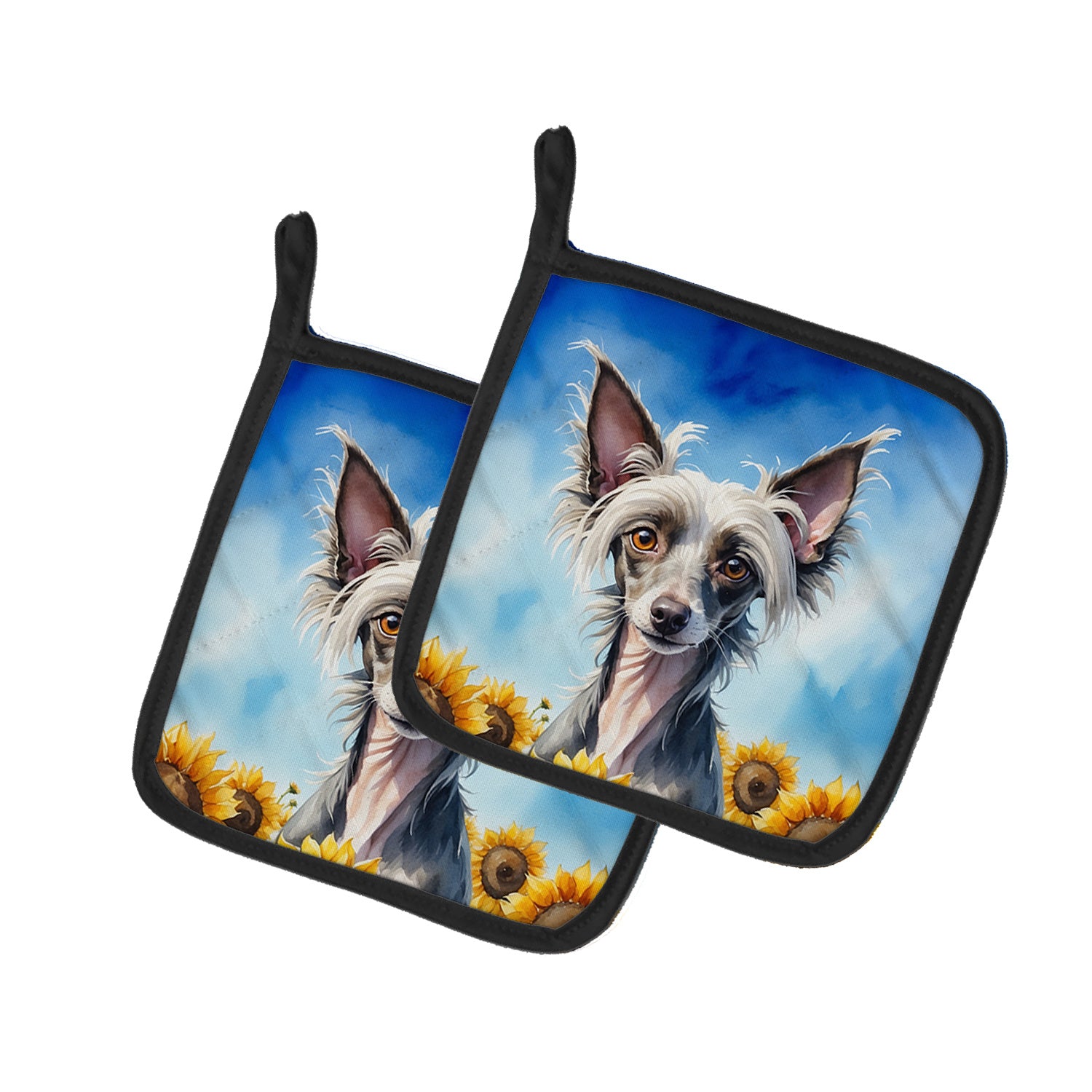 Chinese Crested in Sunflowers Pair of Pot Holders Kitchen Heat Resistant Pot Holders Sets Oven Hot Pads for Cooking Baking BBQ, 7 1/2 x 7 1/2