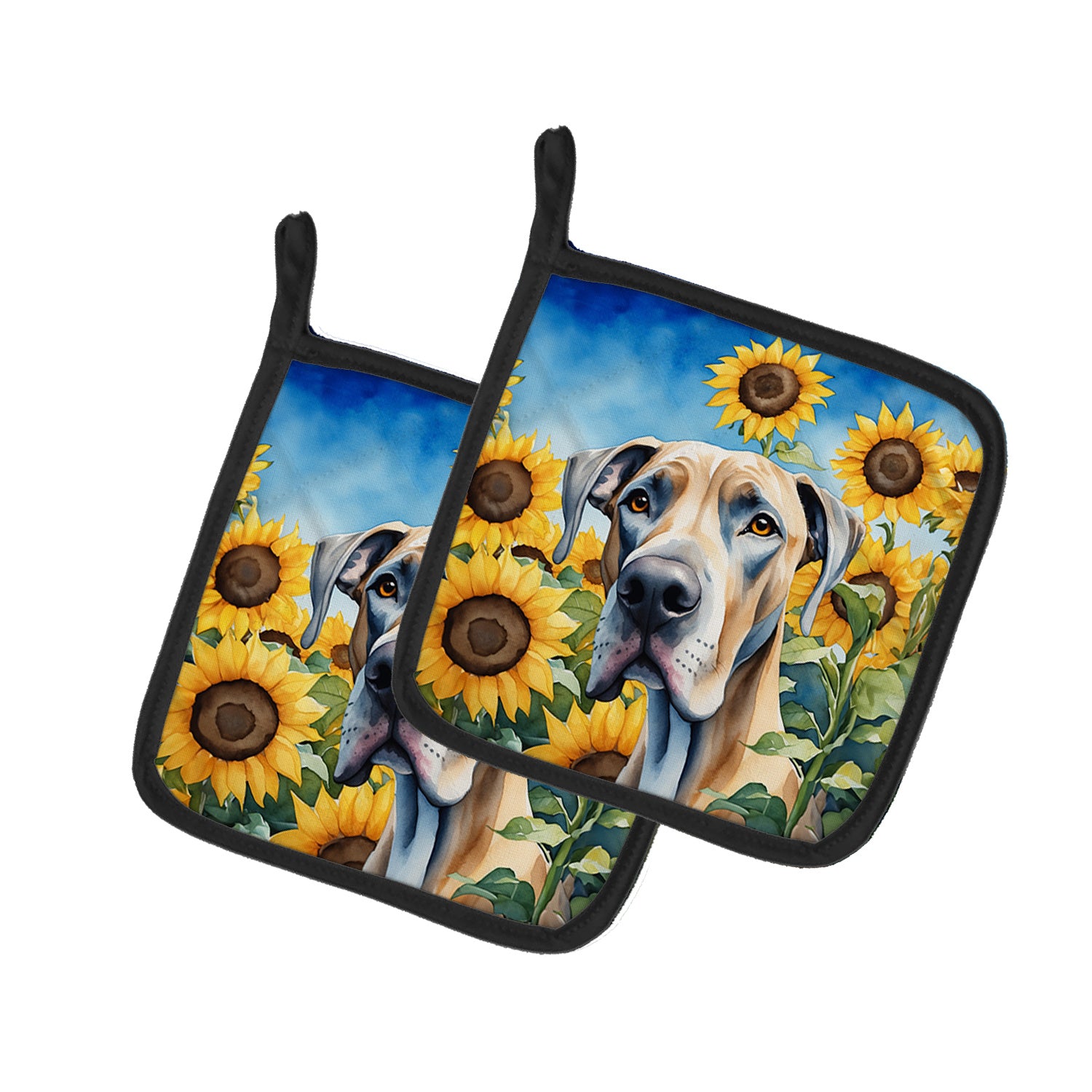 Great Dane in Sunflowers Pair of Pot Holders Kitchen Heat Resistant Pot Holders Sets Oven Hot Pads for Cooking Baking BBQ, 7 1/2 x 7 1/2