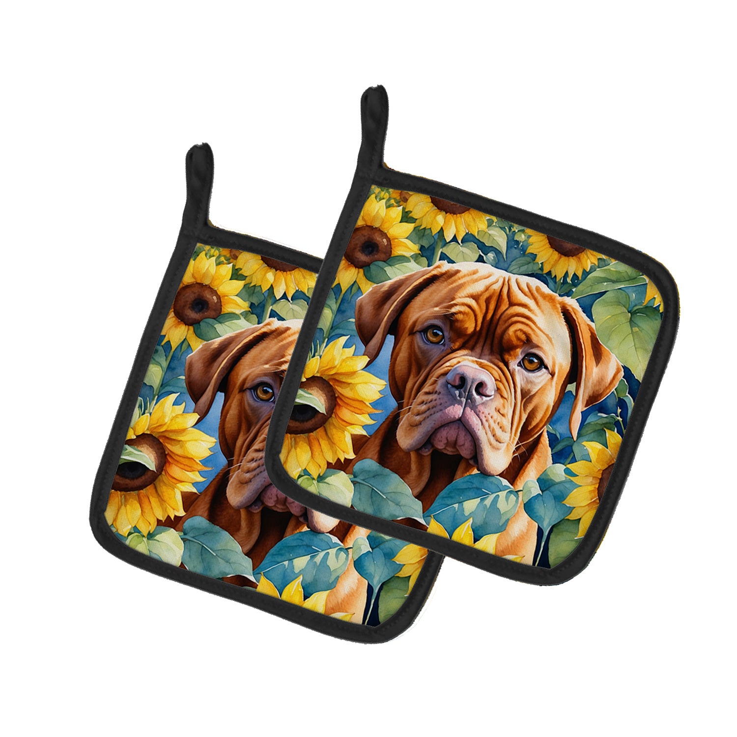 Dogue de Bordeaux in Sunflowers Pair of Pot Holders Kitchen Heat Resistant Pot Holders Sets Oven Hot Pads for Cooking Baking BBQ, 7 1/2 x 7 1/2