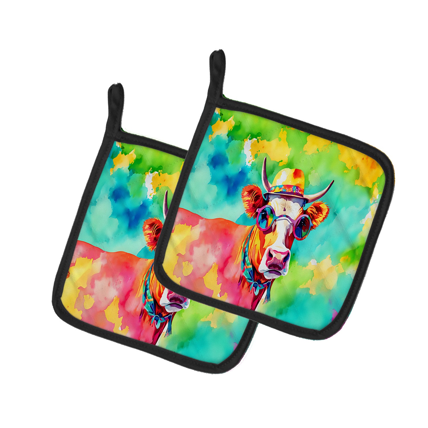 NEW Hippie Animal Malvi Cow Pair of Pot Holders Kitchen Heat Resistant Pot Holders Sets Oven Hot Pads for Cooking Baking BBQ, 7 1/2 x 7 1/2