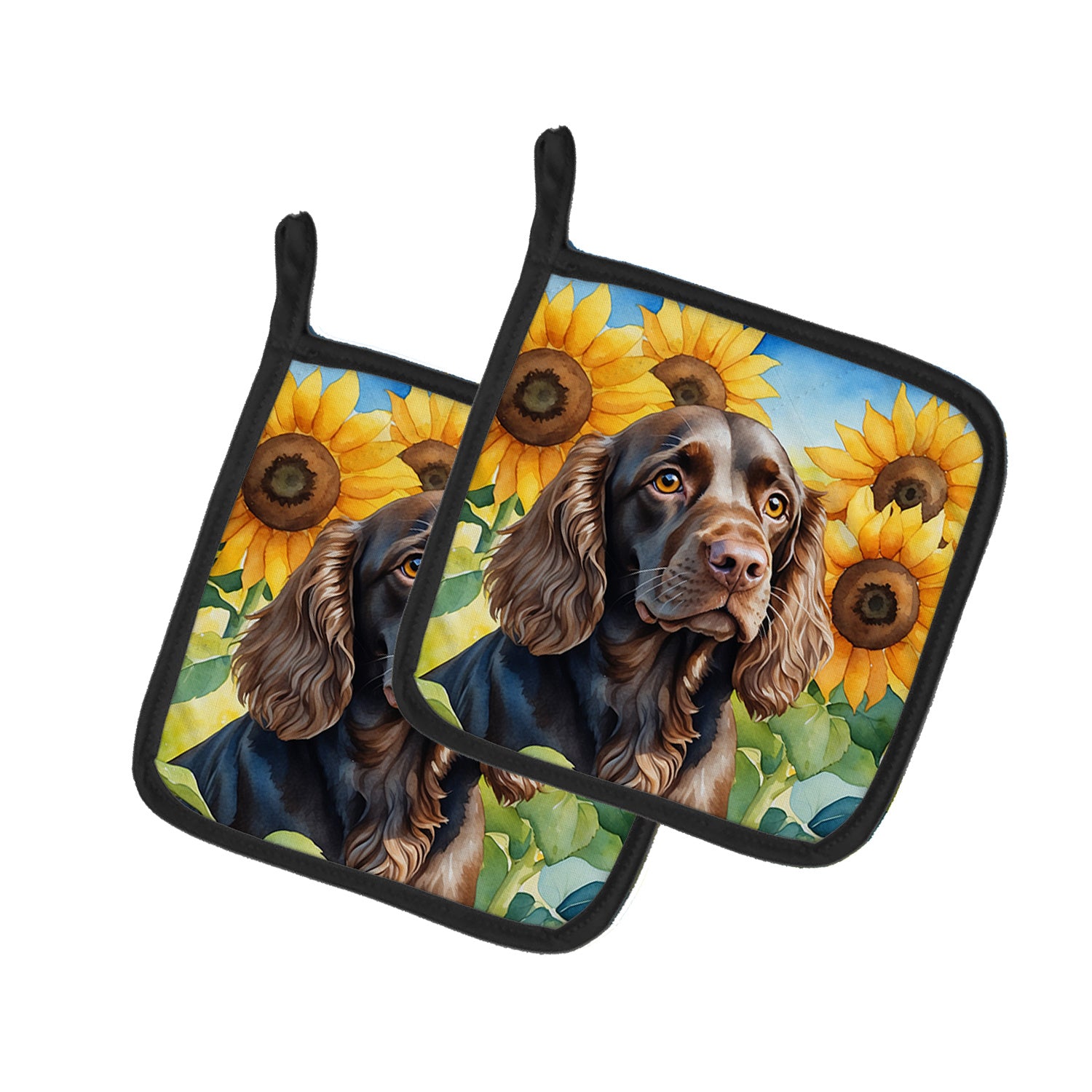 Boykin Spaniel in Sunflowers Pair of Pot Holders Kitchen Heat Resistant Pot Holders Sets Oven Hot Pads for Cooking Baking BBQ, 7 1/2 x 7 1/2