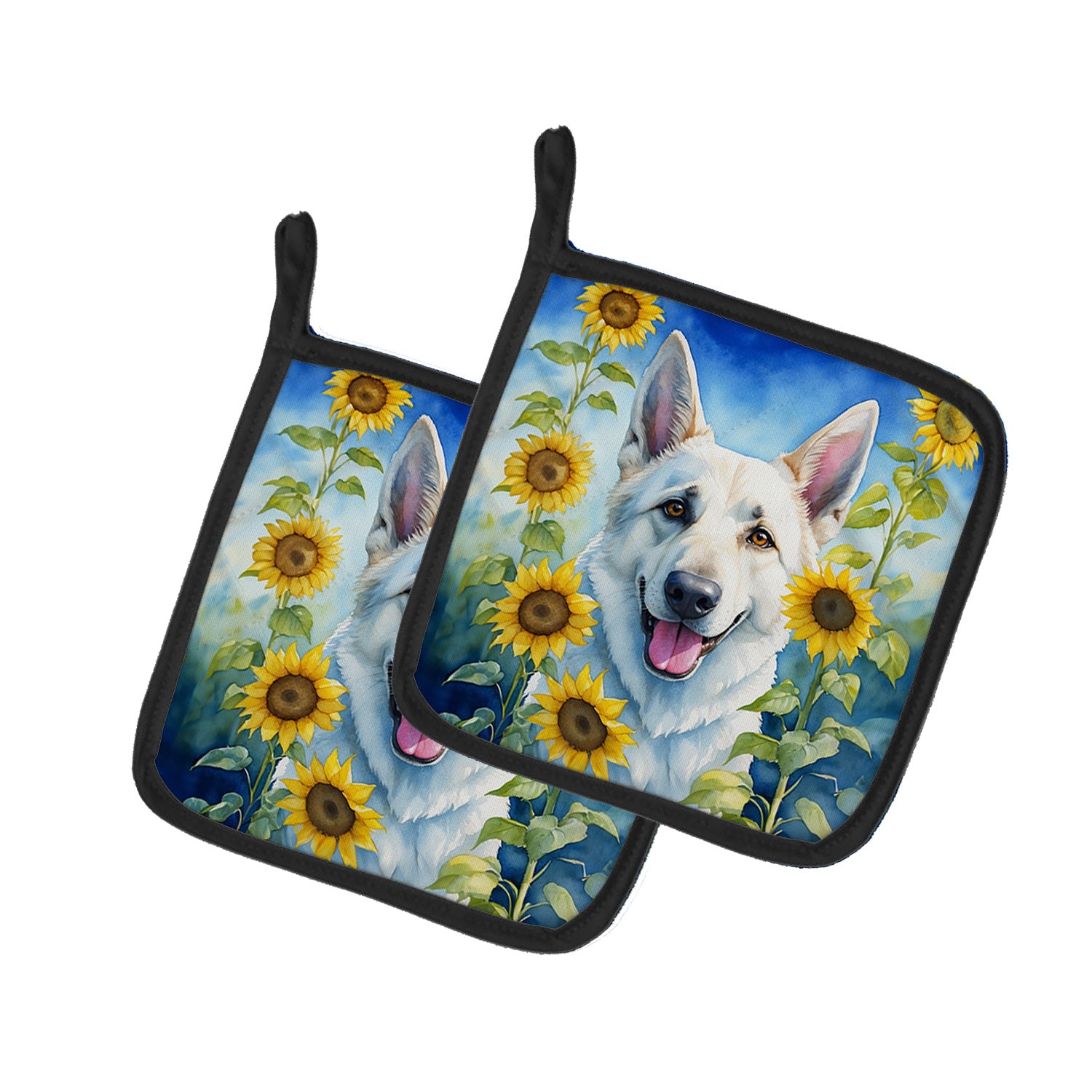 White German Shepherd in Sunflowers Pair of Pot Holders Kitchen Heat Resistant Pot Holders Sets Oven Hot Pads for Cooking Baking BBQ, 7 1/2 x 7 1/2