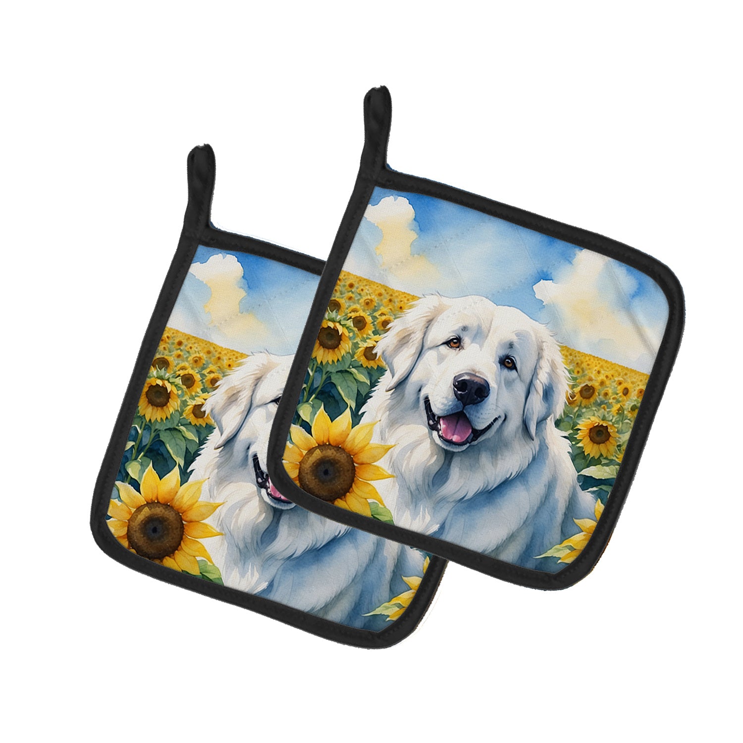 Great Pyrenees in Sunflowers Pair of Pot Holders Kitchen Heat Resistant Pot Holders Sets Oven Hot Pads for Cooking Baking BBQ, 7 1/2 x 7 1/2