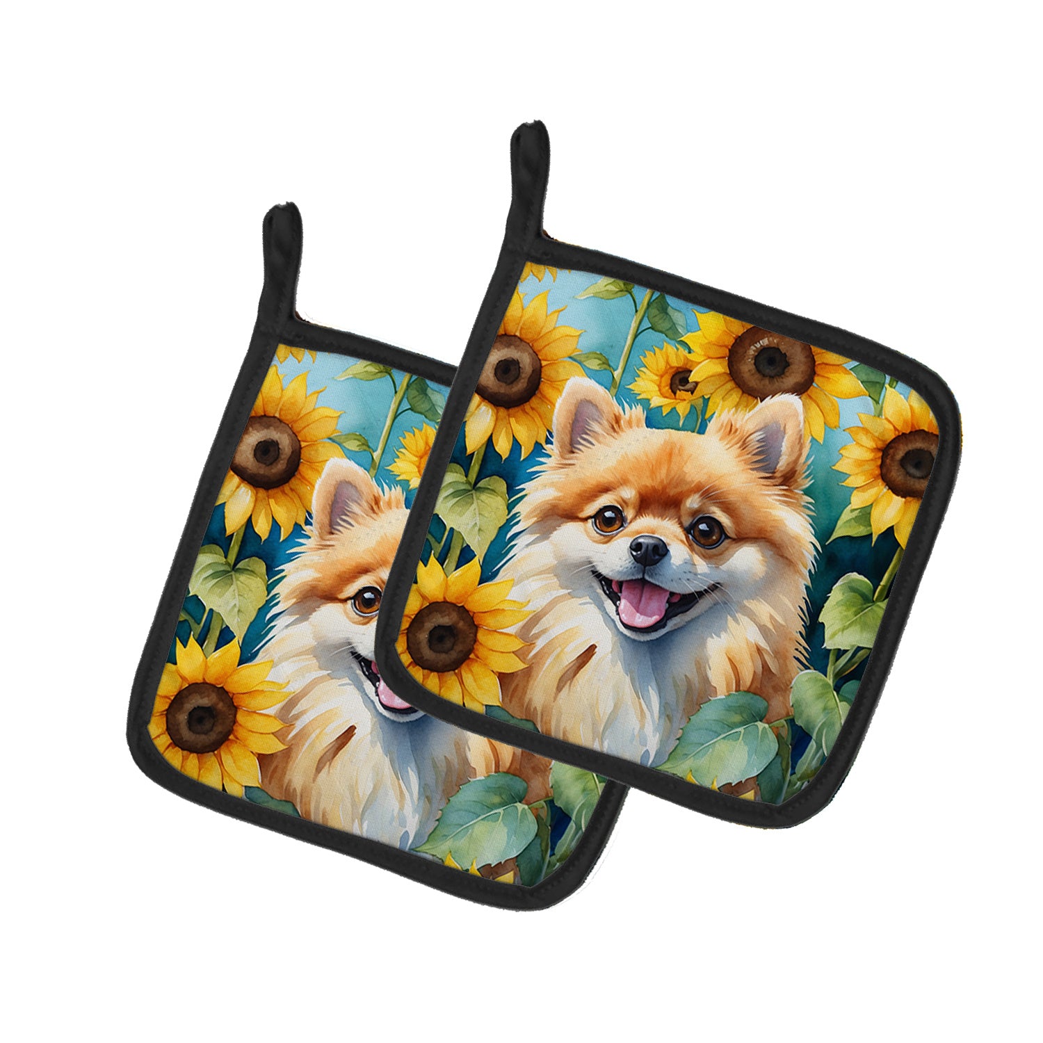 Pomeranian in Sunflowers Pair of Pot Holders Kitchen Heat Resistant Pot Holders Sets Oven Hot Pads for Cooking Baking BBQ, 7 1/2 x 7 1/2