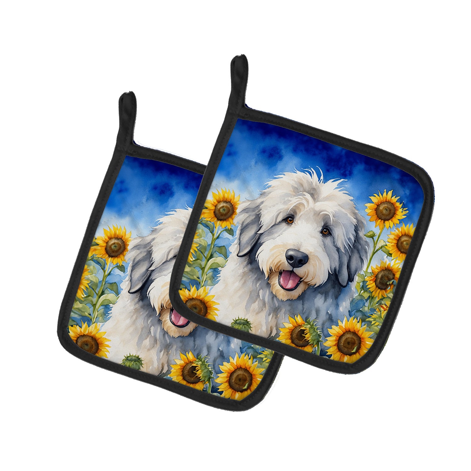 Old English Sheepdog in Sunflowers Pair of Pot Holders Kitchen Heat Resistant Pot Holders Sets Oven Hot Pads for Cooking Baking BBQ, 7 1/2 x 7 1/2