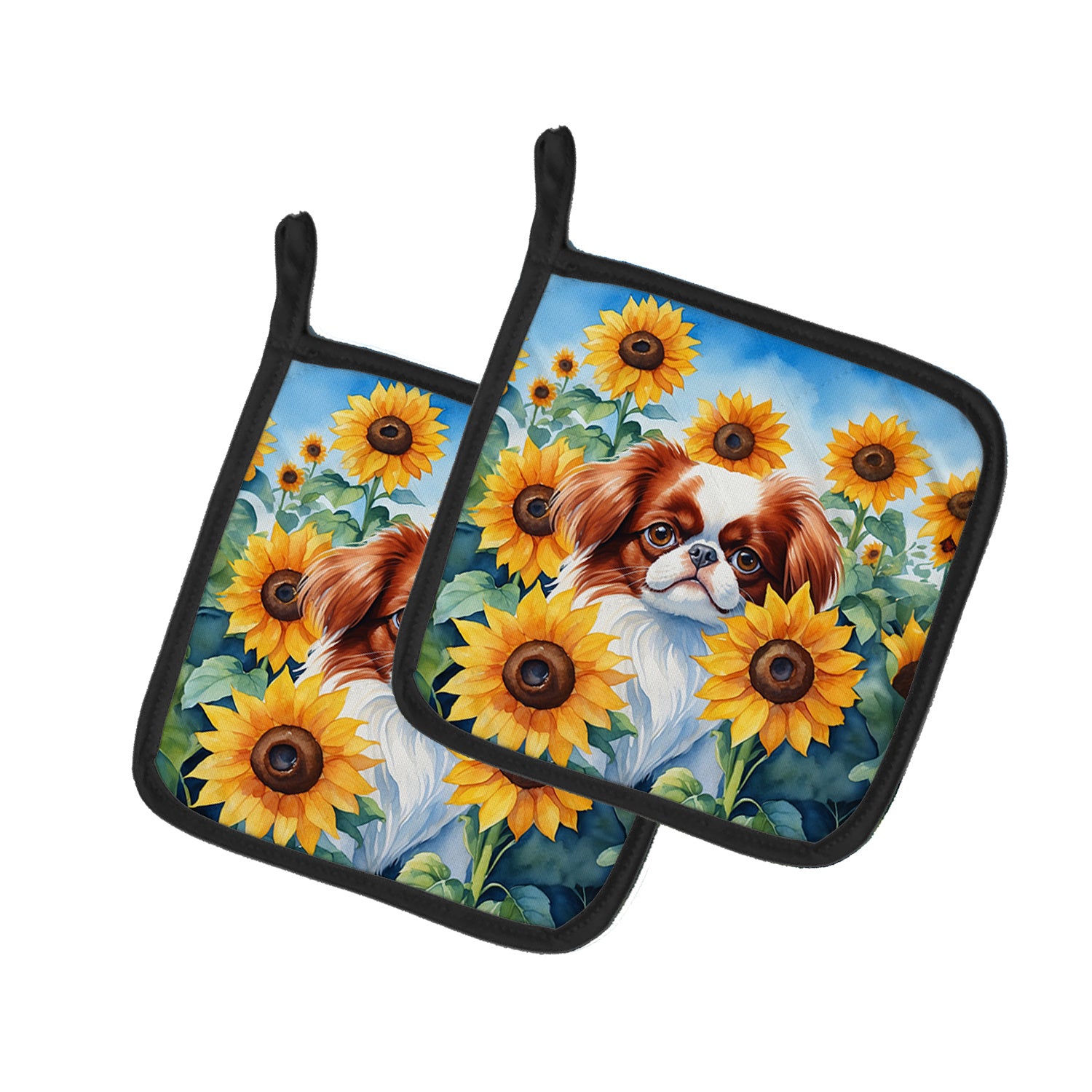 Japanese Chin in Sunflowers Pair of Pot Holders Kitchen Heat Resistant Pot Holders Sets Oven Hot Pads for Cooking Baking BBQ, 7 1/2 x 7 1/2