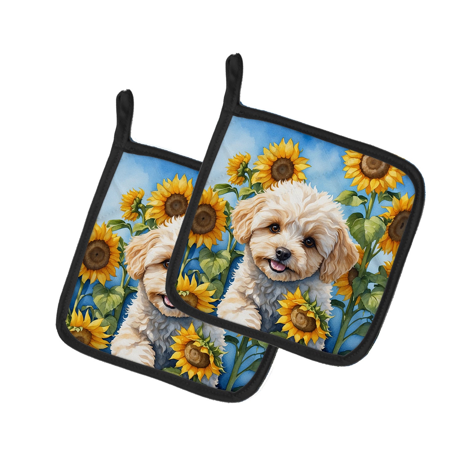 Maltipoo in Sunflowers Pair of Pot Holders Kitchen Heat Resistant Pot Holders Sets Oven Hot Pads for Cooking Baking BBQ, 7 1/2 x 7 1/2