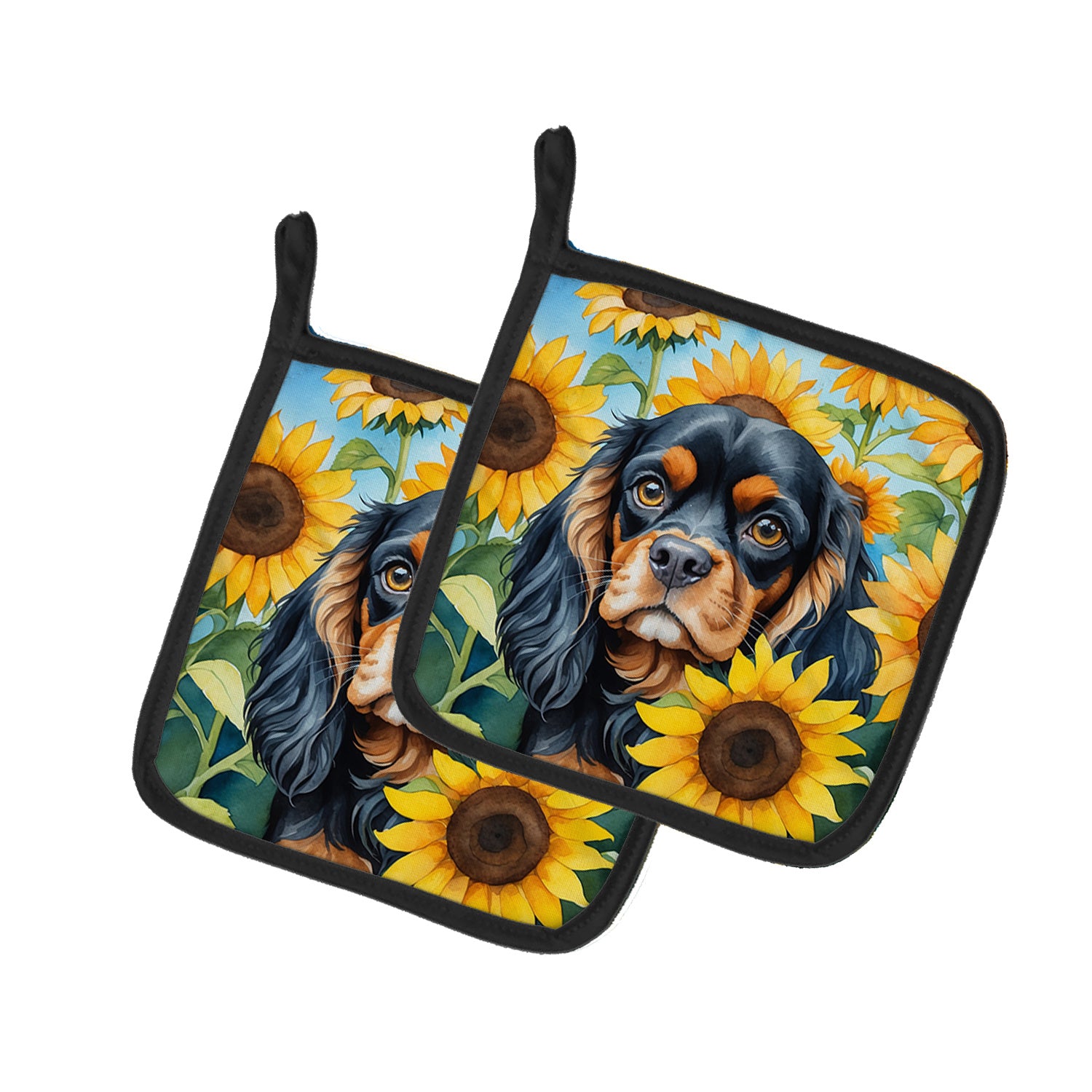 Cavalier Spaniel in Sunflowers Pair of Pot Holders Kitchen Heat Resistant Pot Holders Sets Oven Hot Pads for Cooking Baking BBQ, 7 1/2 x 7 1/2