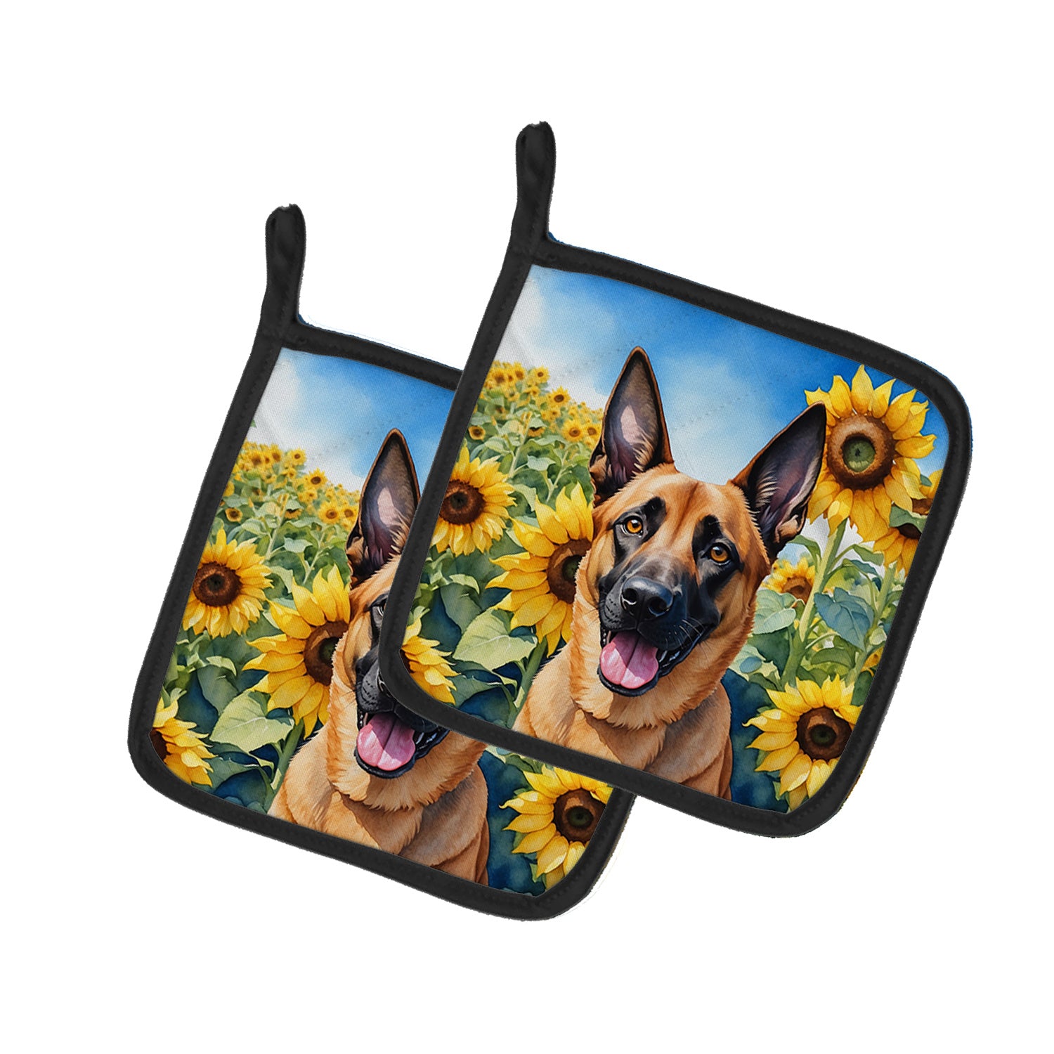 Belgian Malinois in Sunflowers Pair of Pot Holders Kitchen Heat Resistant Pot Holders Sets Oven Hot Pads for Cooking Baking BBQ, 7 1/2 x 7 1/2