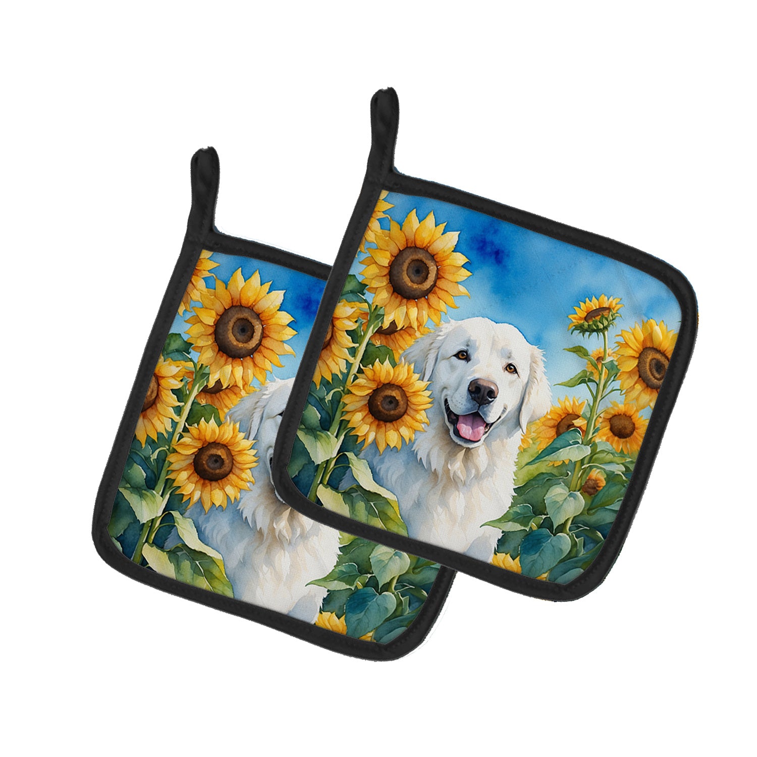 Kuvasz in Sunflowers Pair of Pot Holders Kitchen Heat Resistant Pot Holders Sets Oven Hot Pads for Cooking Baking BBQ, 7 1/2 x 7 1/2