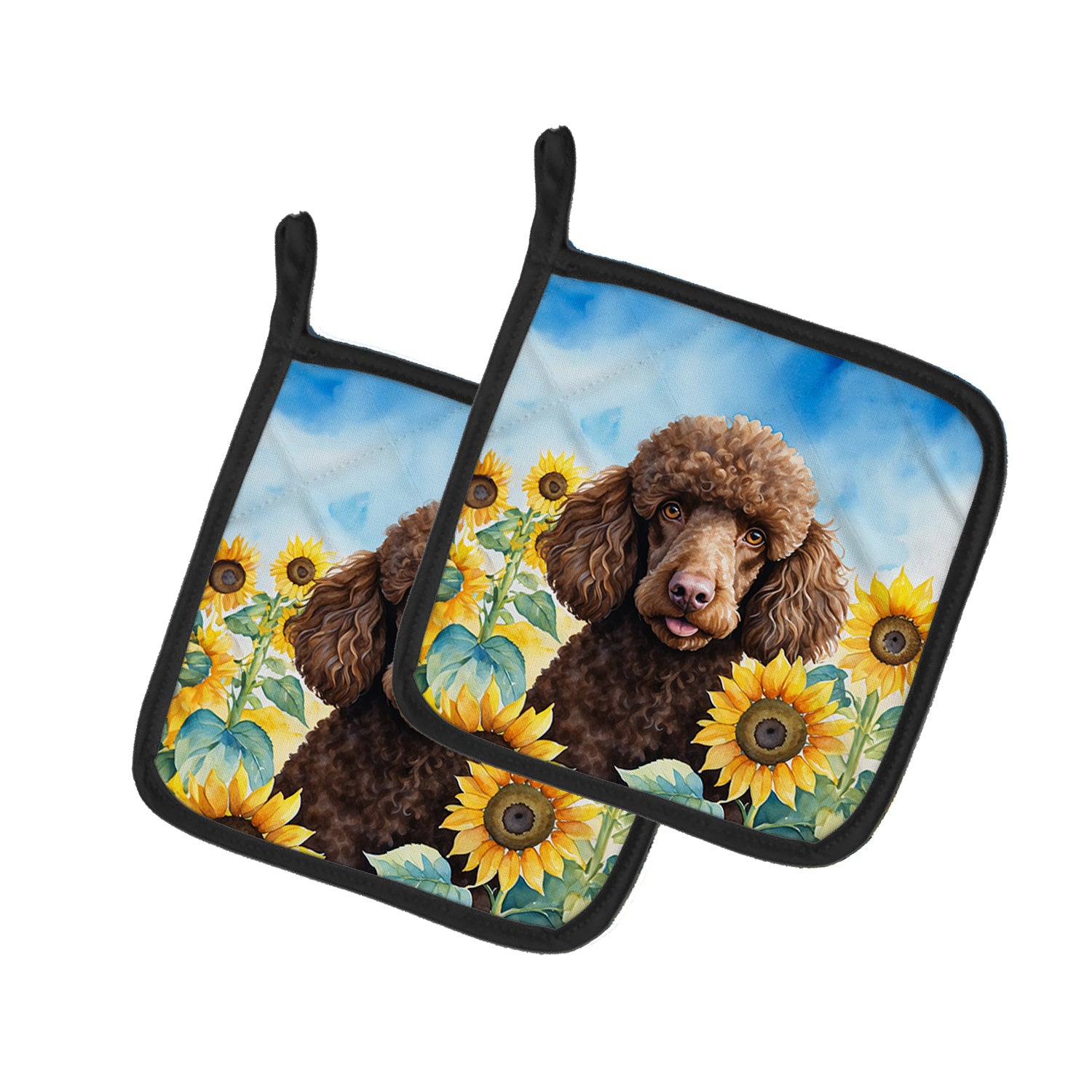 Chocolate Poodle in Sunflowers Pair of Pot Holders Kitchen Heat Resistant Pot Holders Sets Oven Hot Pads for Cooking Baking BBQ, 7 1/2 x 7 1/2