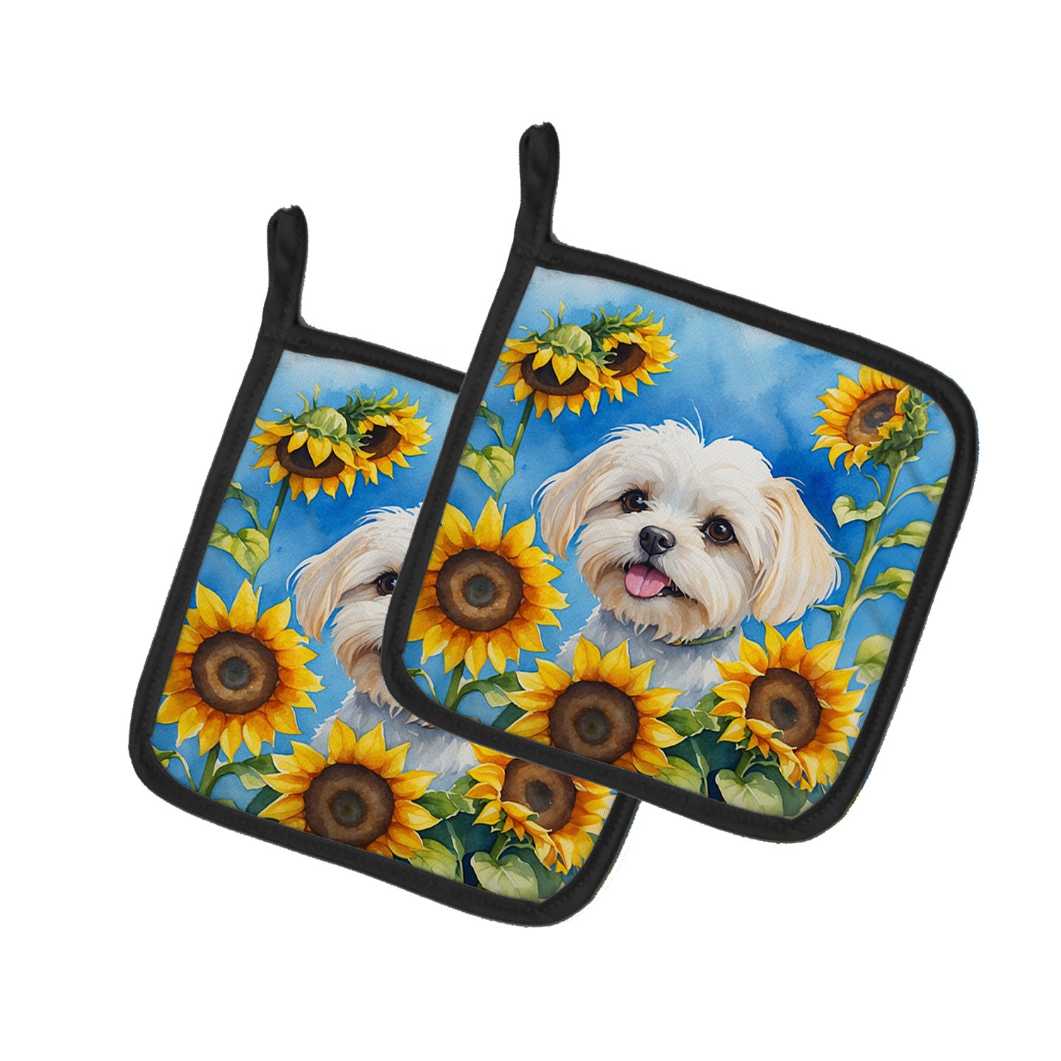 Maltese in Sunflowers Pair of Pot Holders Kitchen Heat Resistant Pot Holders Sets Oven Hot Pads for Cooking Baking BBQ, 7 1/2 x 7 1/2