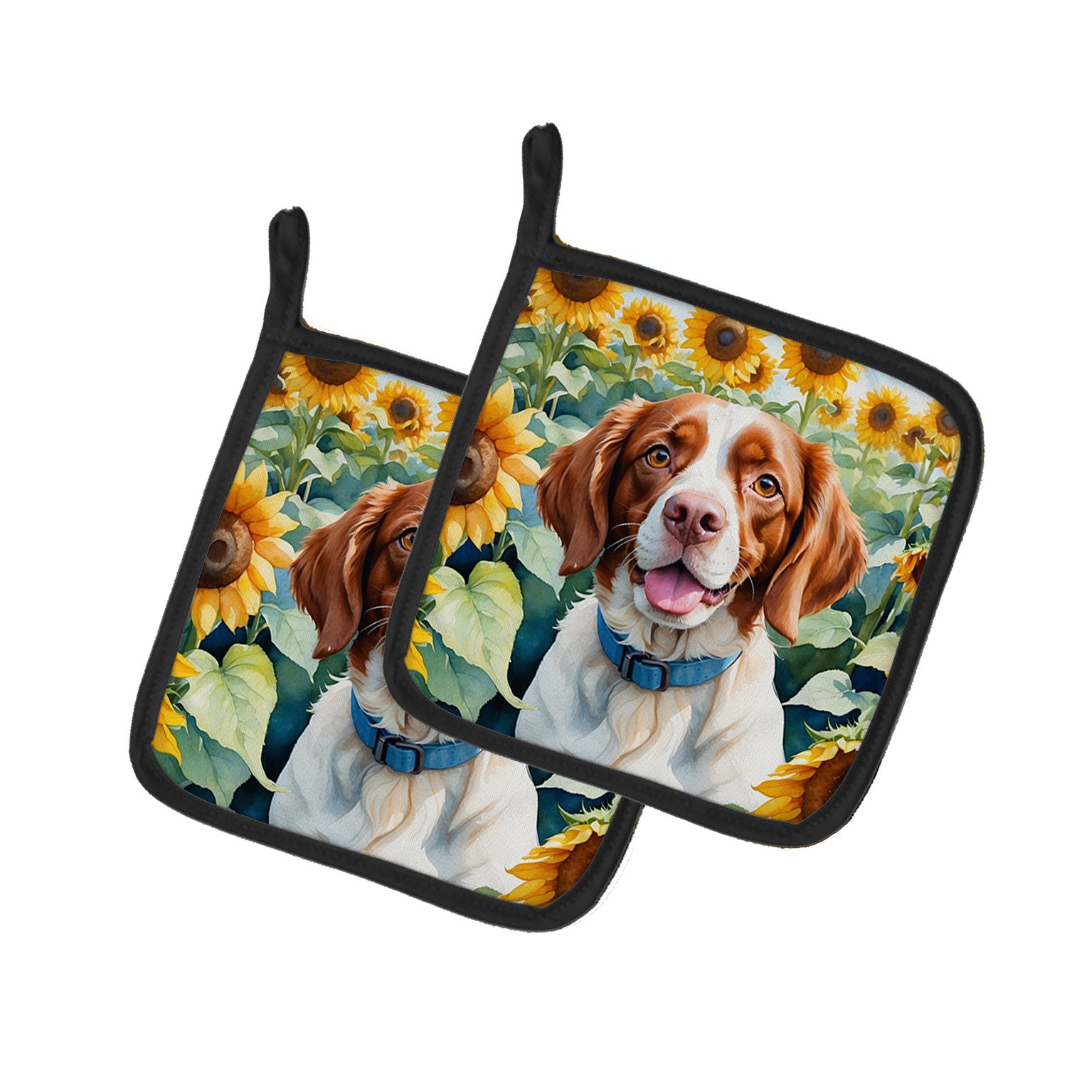 Brittany Spaniel in Sunflowers Pair of Pot Holders Kitchen Heat Resistant Pot Holders Sets Oven Hot Pads for Cooking Baking BBQ, 7 1/2 x 7 1/2