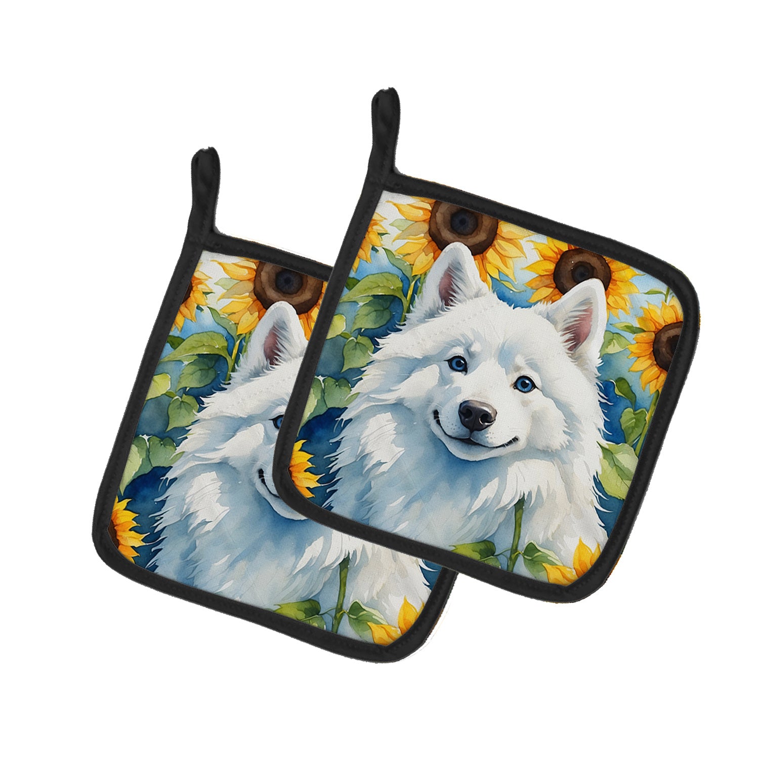 American Eskimo in Sunflowers Pair of Pot Holders Kitchen Heat Resistant Pot Holders Sets Oven Hot Pads for Cooking Baking BBQ, 7 1/2 x 7 1/2