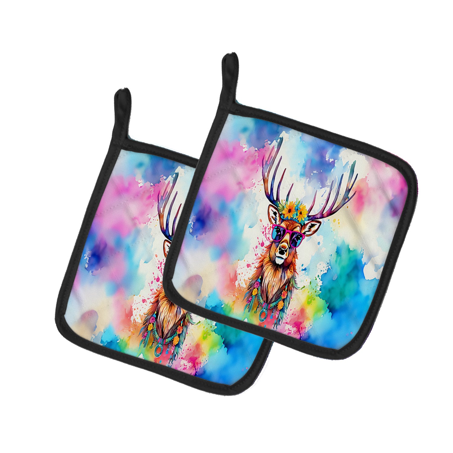 NEW Hippie Animal Stag Deer Pair of Pot Holders Kitchen Heat Resistant Pot Holders Sets Oven Hot Pads for Cooking Baking BBQ, 7 1/2 x 7 1/2