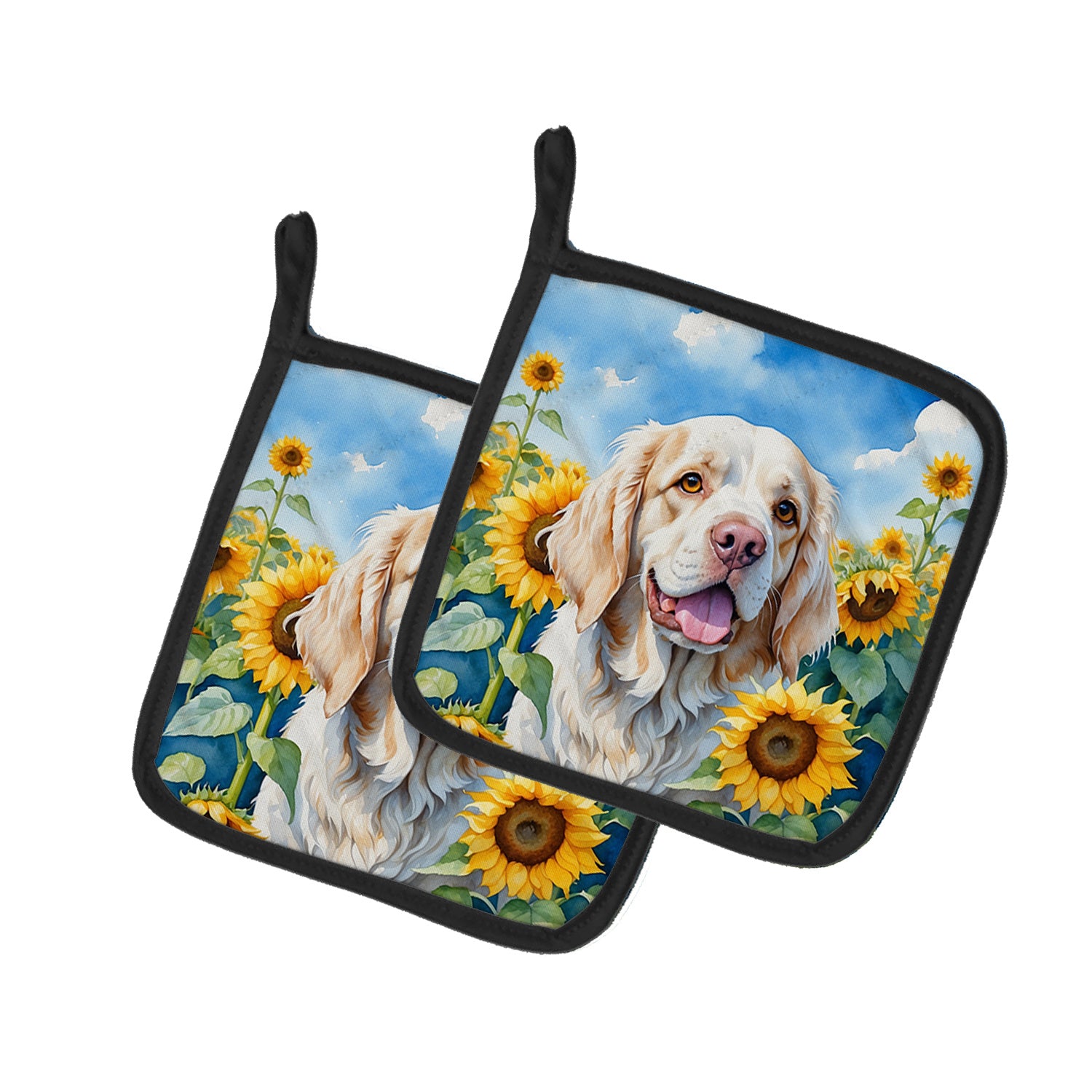 Clumber Spaniel in Sunflowers Pair of Pot Holders Kitchen Heat Resistant Pot Holders Sets Oven Hot Pads for Cooking Baking BBQ, 7 1/2 x 7 1/2