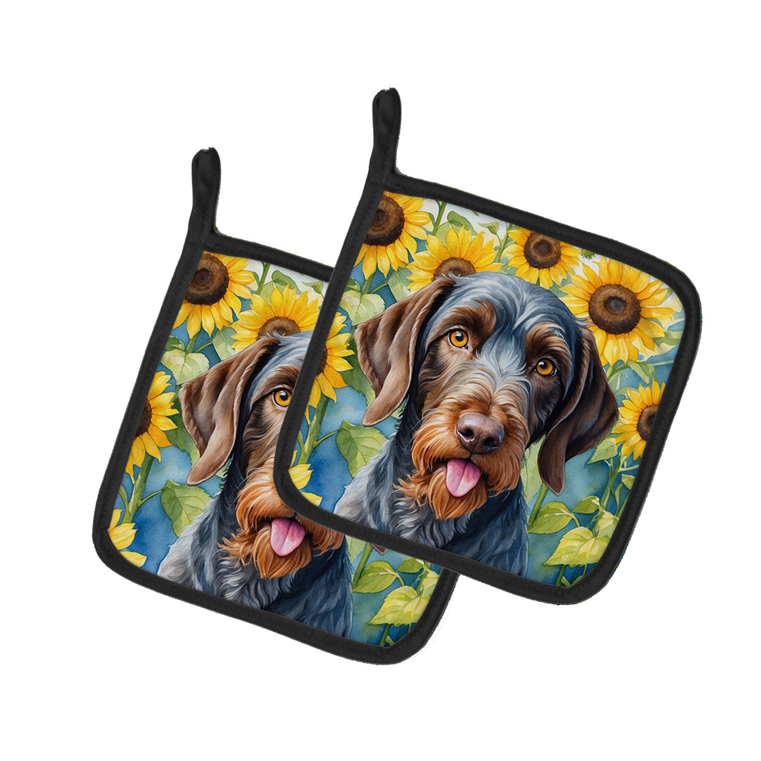 German Wirehaired Pointer in Sunflowers Pair of Pot Holders Kitchen Heat Resistant Pot Holders Sets Oven Hot Pads for Cooking Baking BBQ, 7 1/2 x 7 1/2