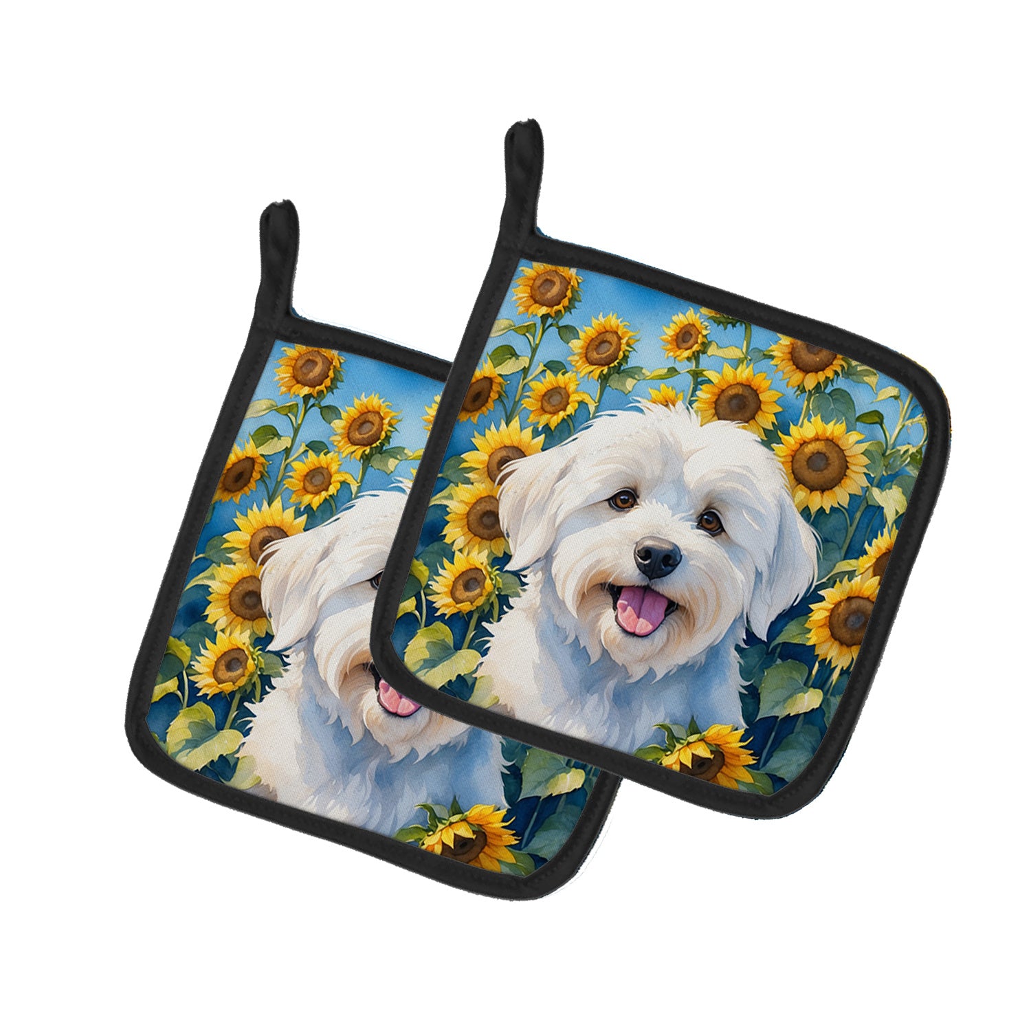 Coton de Tulear in Sunflowers Pair of Pot Holders Kitchen Heat Resistant Pot Holders Sets Oven Hot Pads for Cooking Baking BBQ, 7 1/2 x 7 1/2