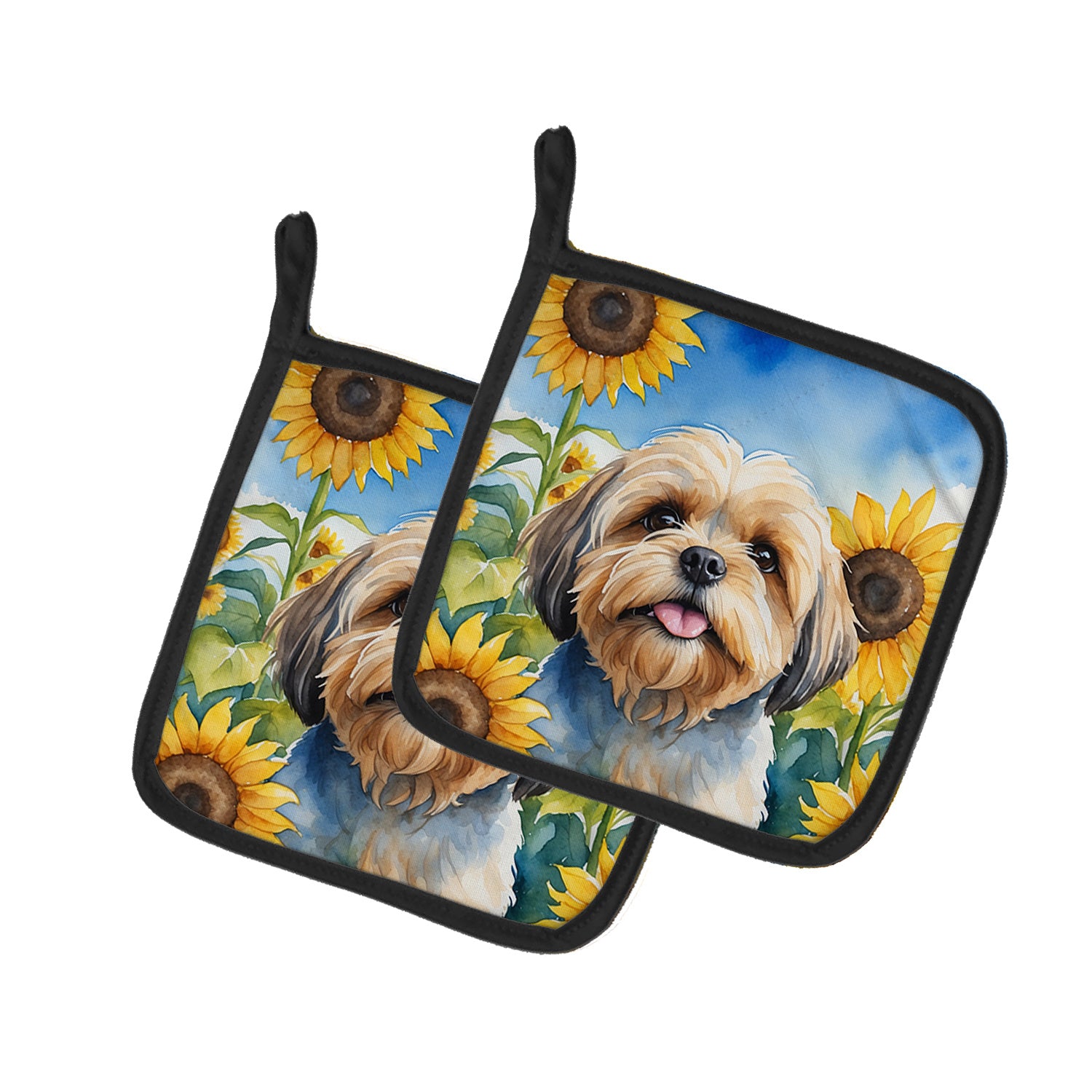 Lhasa Apso in Sunflowers Pair of Pot Holders Kitchen Heat Resistant Pot Holders Sets Oven Hot Pads for Cooking Baking BBQ, 7 1/2 x 7 1/2