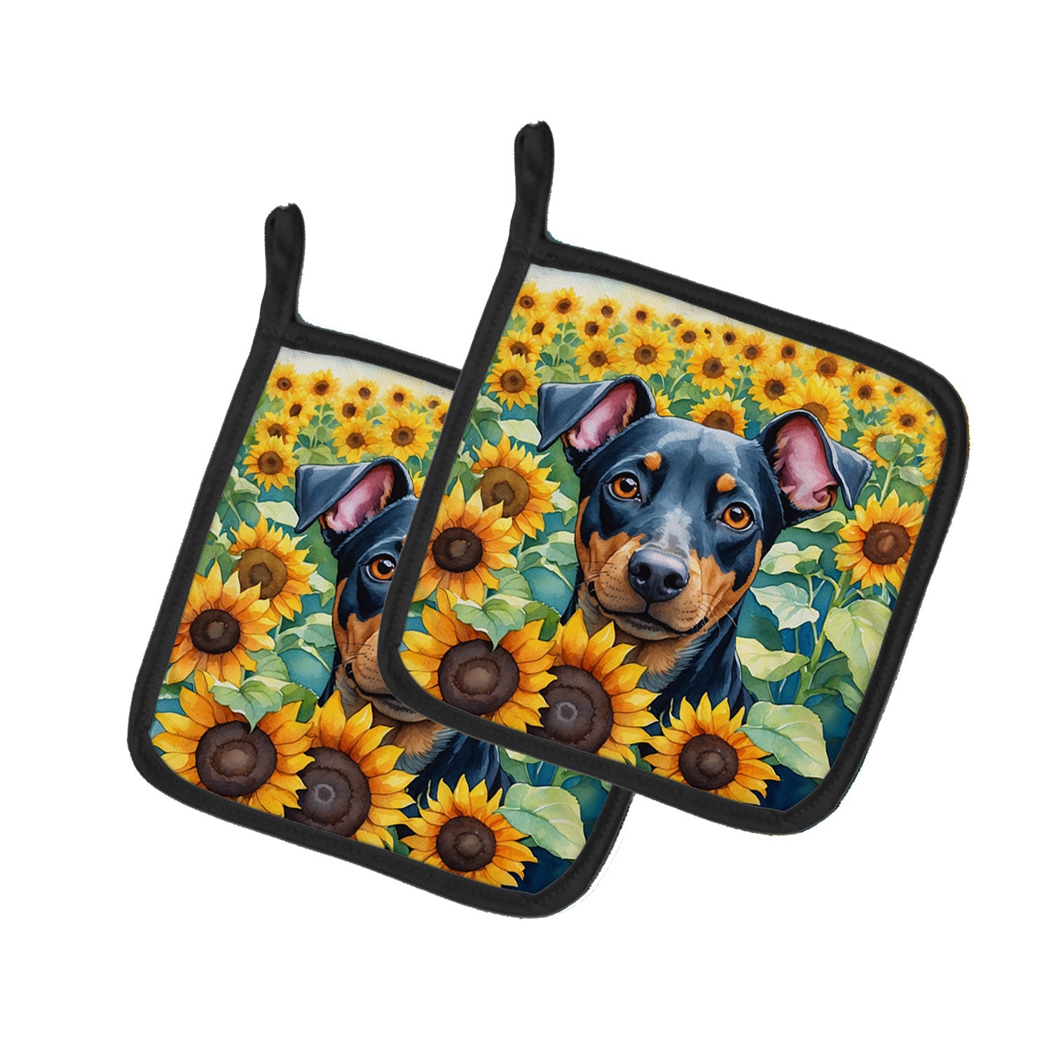 Manchester Terrier in Sunflowers Pair of Pot Holders Kitchen Heat Resistant Pot Holders Sets Oven Hot Pads for Cooking Baking BBQ, 7 1/2 x 7 1/2