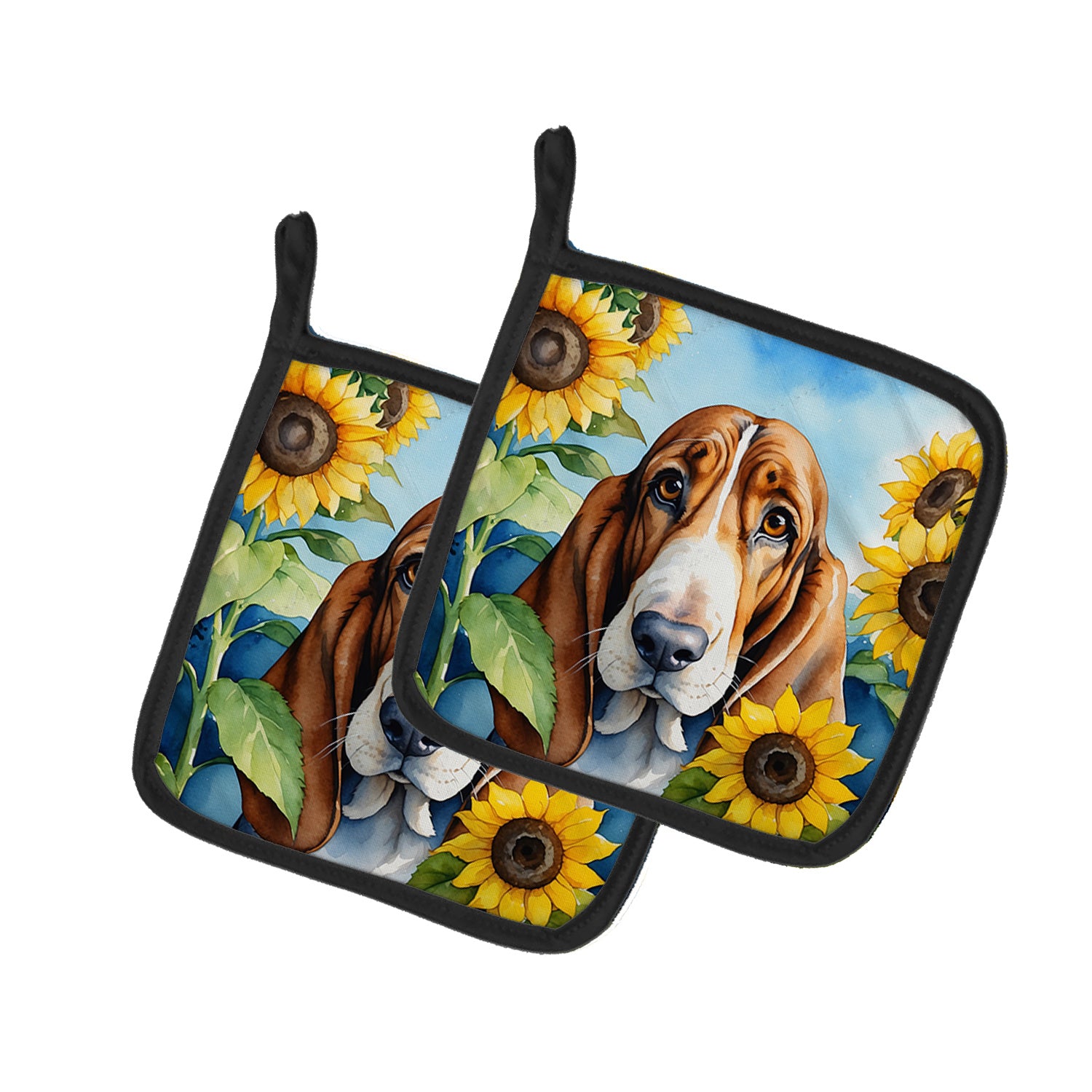 Basset Hound in Sunflowers Pair of Pot Holders Kitchen Heat Resistant Pot Holders Sets Oven Hot Pads for Cooking Baking BBQ, 7 1/2 x 7 1/2