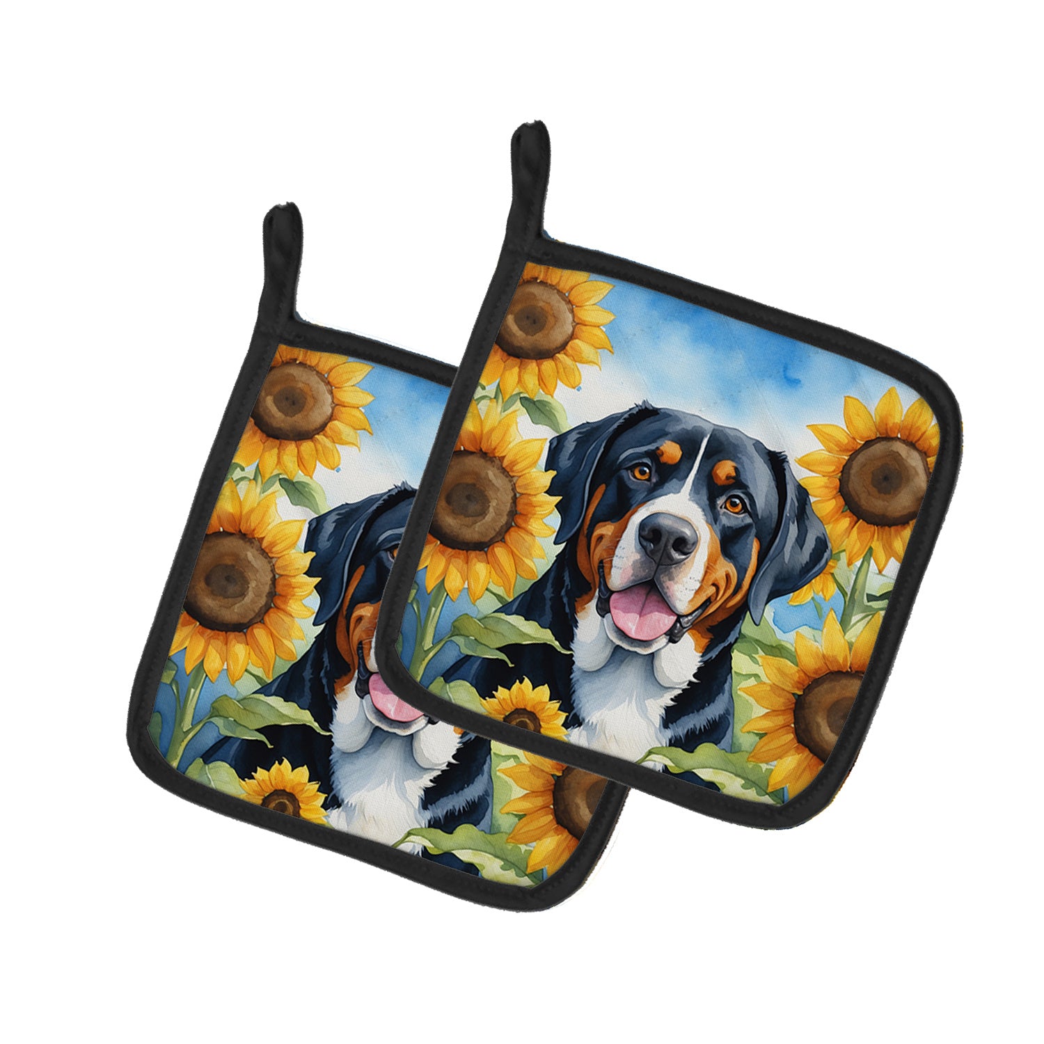 Greater Swiss Mountain Dog in Sunflowers Pair of Pot Holders Kitchen Heat Resistant Pot Holders Sets Oven Hot Pads for Cooking Baking BBQ, 7 1/2 x 7 1/2