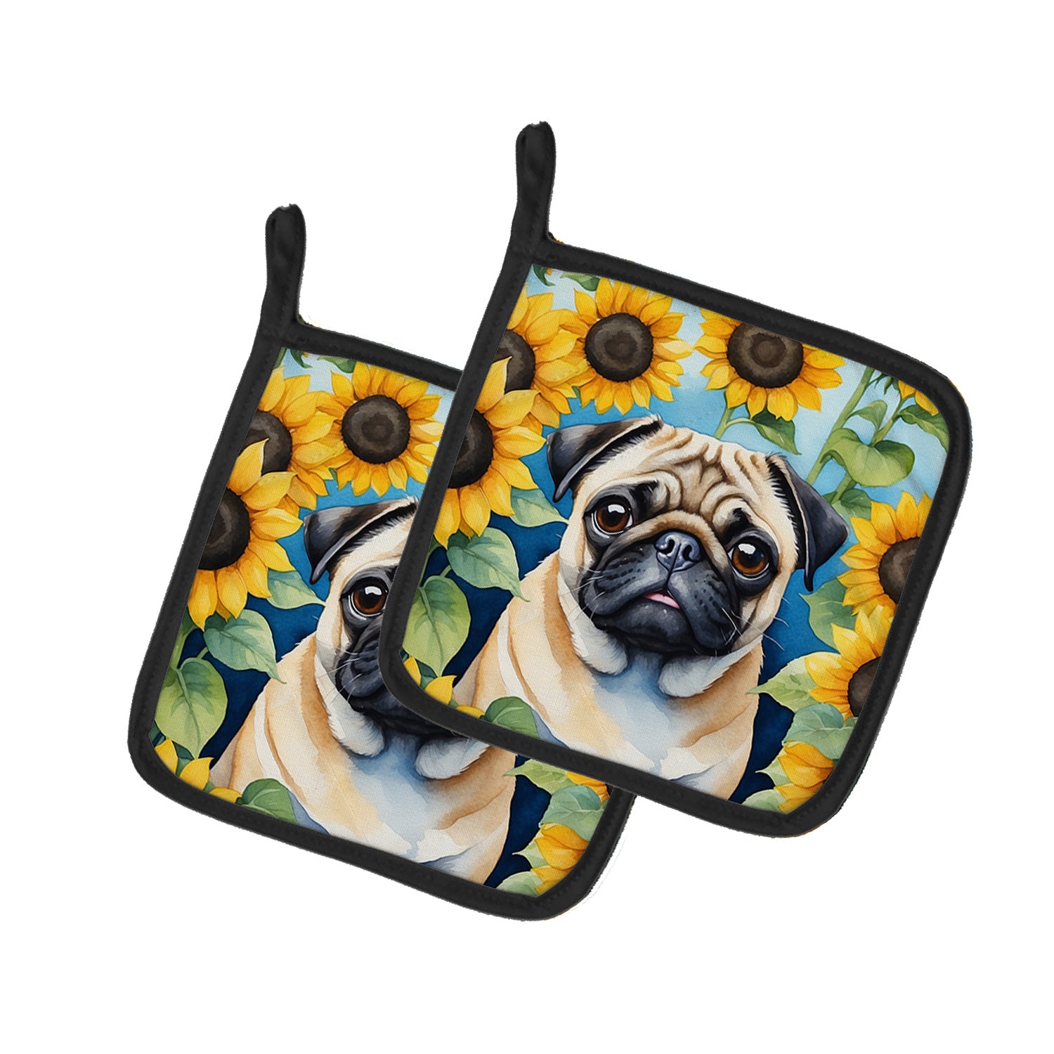 Pug in Sunflowers Pair of Pot Holders Kitchen Heat Resistant Pot Holders Sets Oven Hot Pads for Cooking Baking BBQ, 7 1/2 x 7 1/2