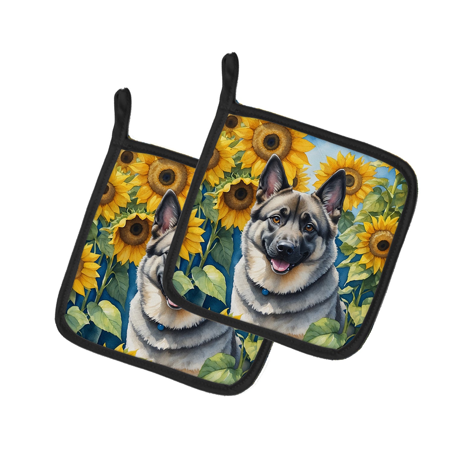 Norwegian Elkhound in Sunflowers Pair of Pot Holders Kitchen Heat Resistant Pot Holders Sets Oven Hot Pads for Cooking Baking BBQ, 7 1/2 x 7 1/2