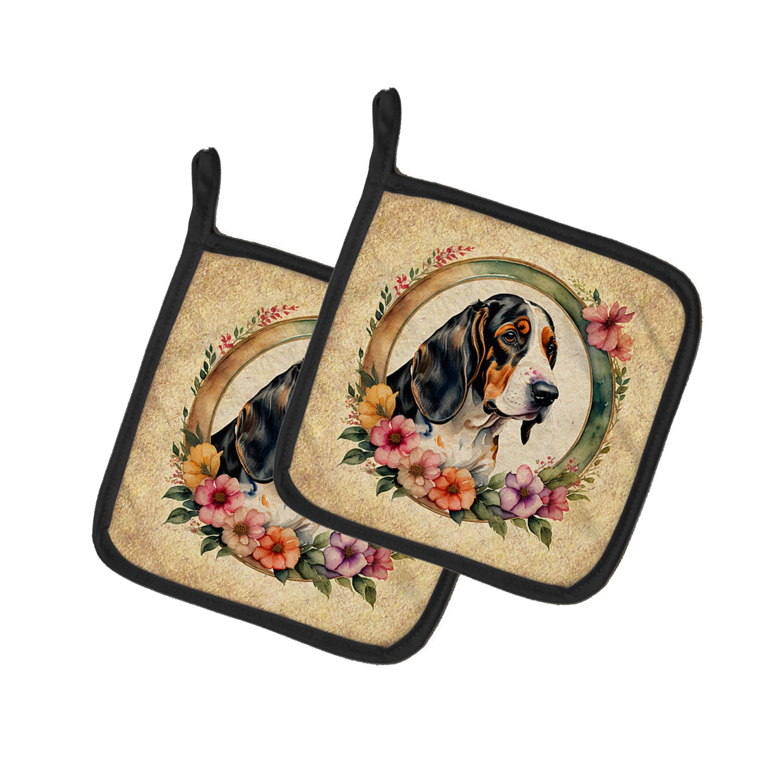 Basset Hound and Flowers Pair of Pot Holders Kitchen Heat Resistant Pot Holders Sets Oven Hot Pads for Cooking Baking BBQ, 7 1/2 x 7 1/2