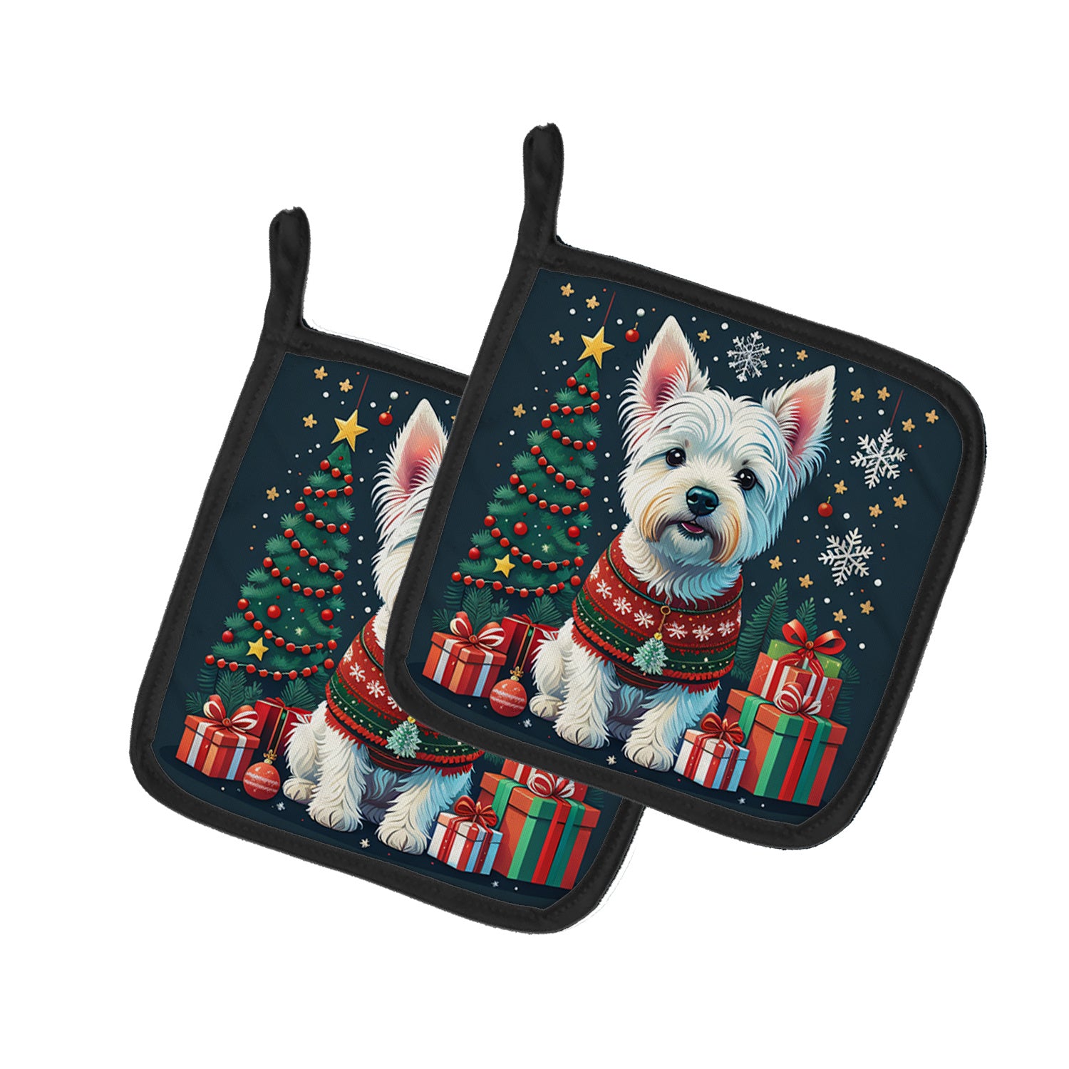 Westie Christmas Pair of Pot Holders Kitchen Heat Resistant Pot Holders Sets Oven Hot Pads for Cooking Baking BBQ, 7 1/2 x 7 1/2