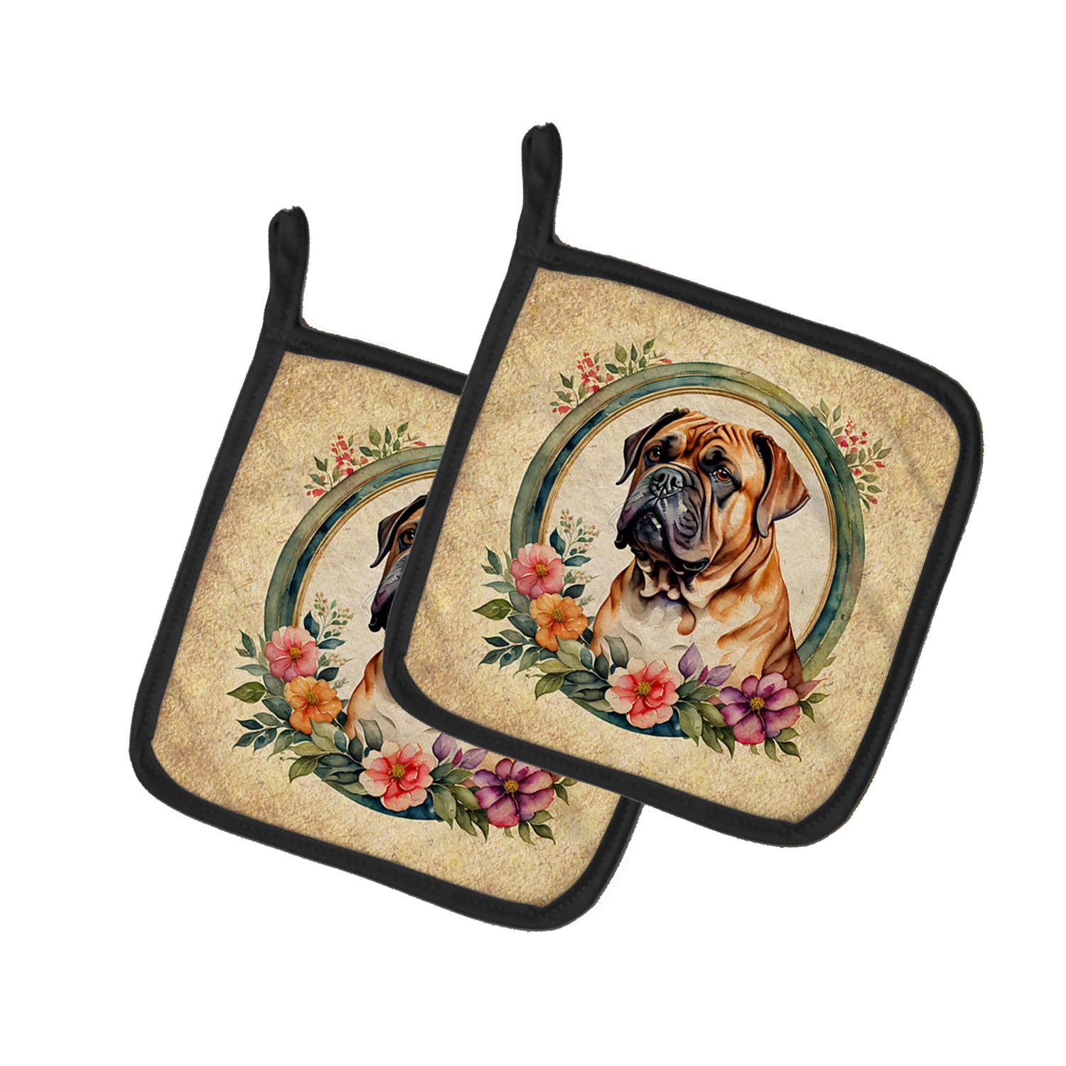 Dogue de Bordeaux and Flowers Pair of Pot Holders Kitchen Heat Resistant Pot Holders Sets Oven Hot Pads for Cooking Baking BBQ, 7 1/2 x 7 1/2