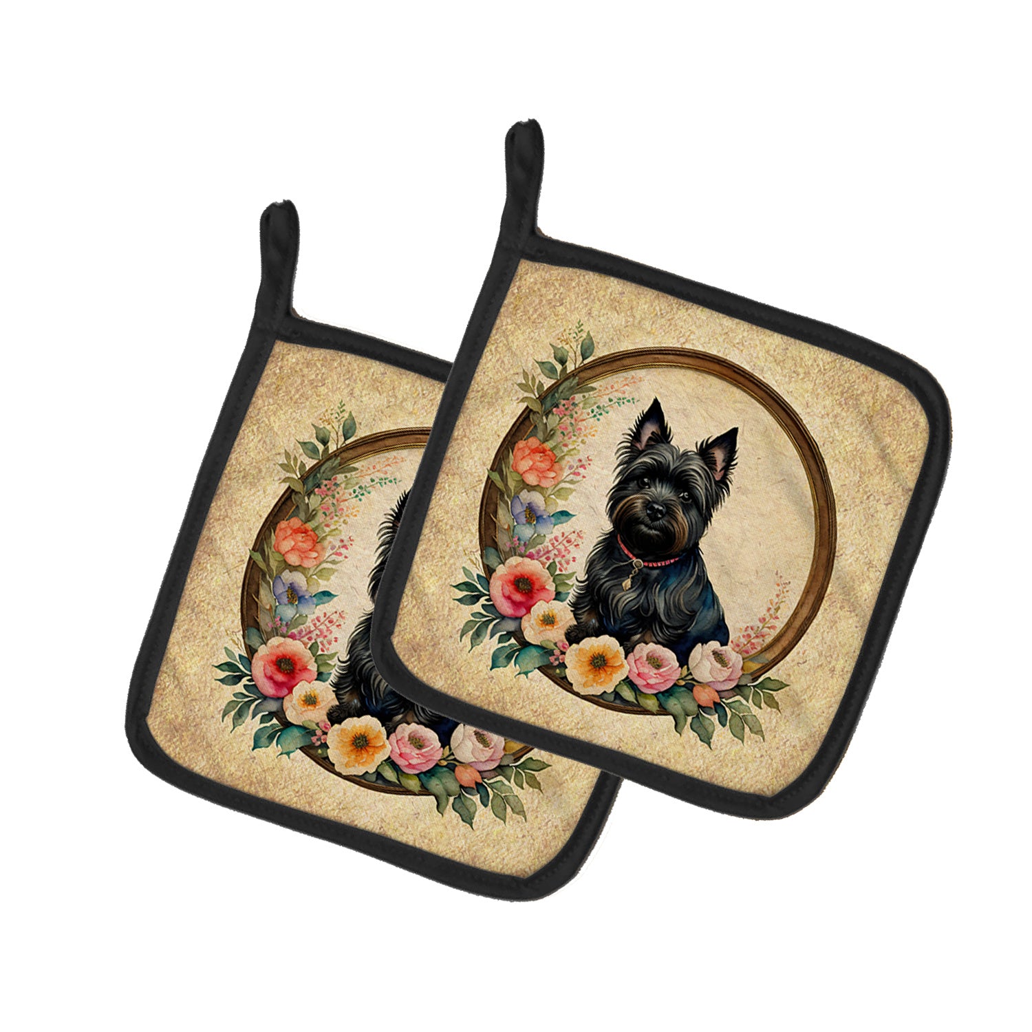 Cairn Terrier and Flowers Pair of Pot Holders Kitchen Heat Resistant Pot Holders Sets Oven Hot Pads for Cooking Baking BBQ, 7 1/2 x 7 1/2