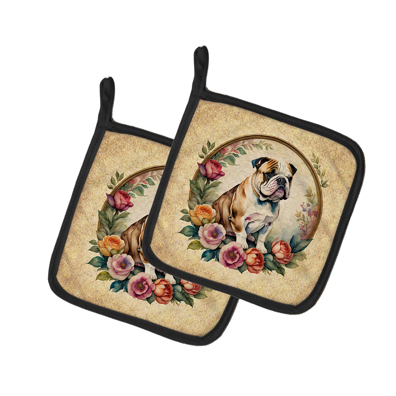 English Bulldog and Flowers Pair of Pot Holders Kitchen Heat Resistant Pot Holders Sets Oven Hot Pads for Cooking Baking BBQ, 7 1/2 x 7 1/2