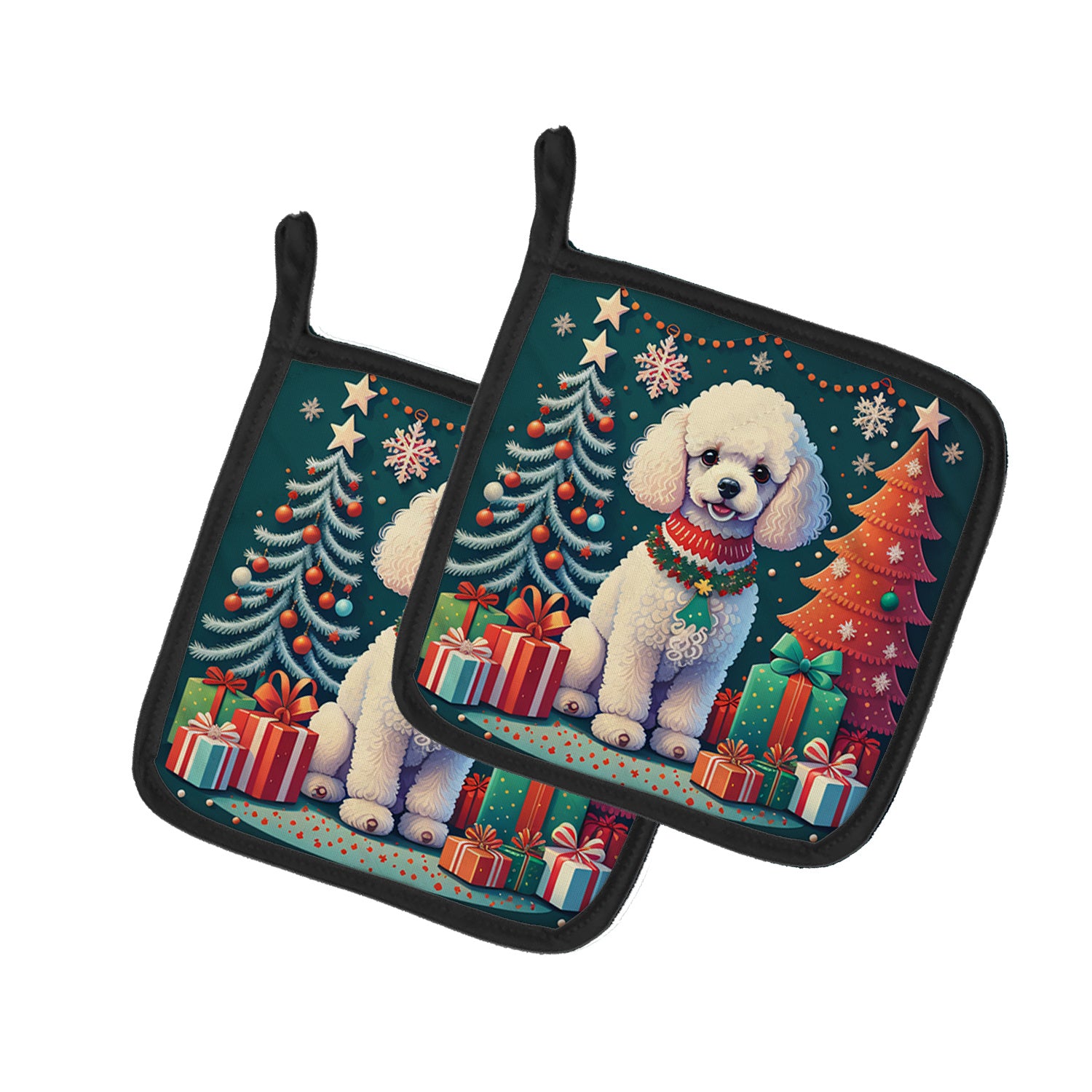 White Toy Poodle Christmas Pair of Pot Holders Kitchen Heat Resistant Pot Holders Sets Oven Hot Pads for Cooking Baking BBQ, 7 1/2 x 7 1/2