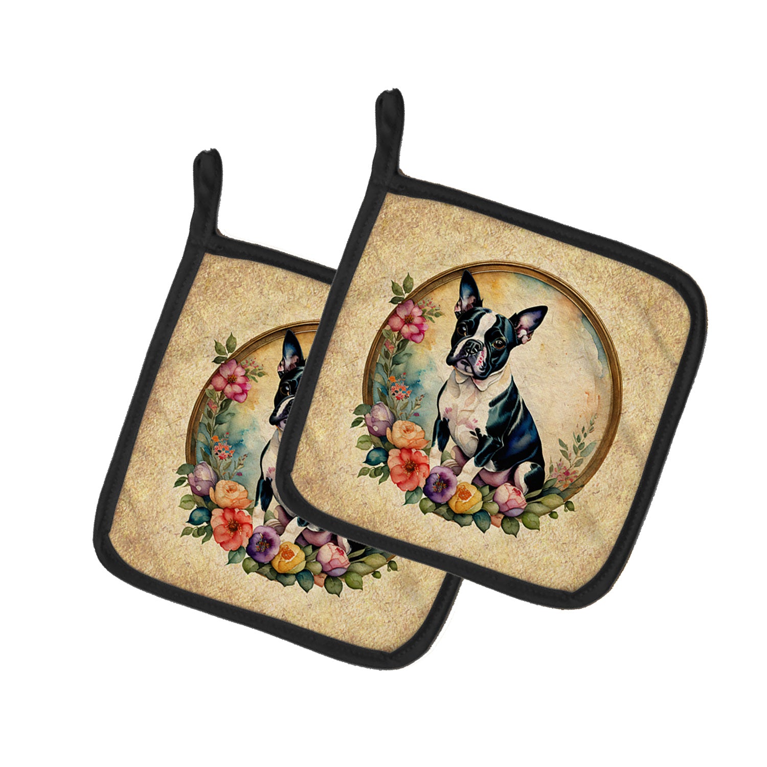 Boston Terrier and Flowers Pair of Pot Holders Kitchen Heat Resistant Pot Holders Sets Oven Hot Pads for Cooking Baking BBQ, 7 1/2 x 7 1/2