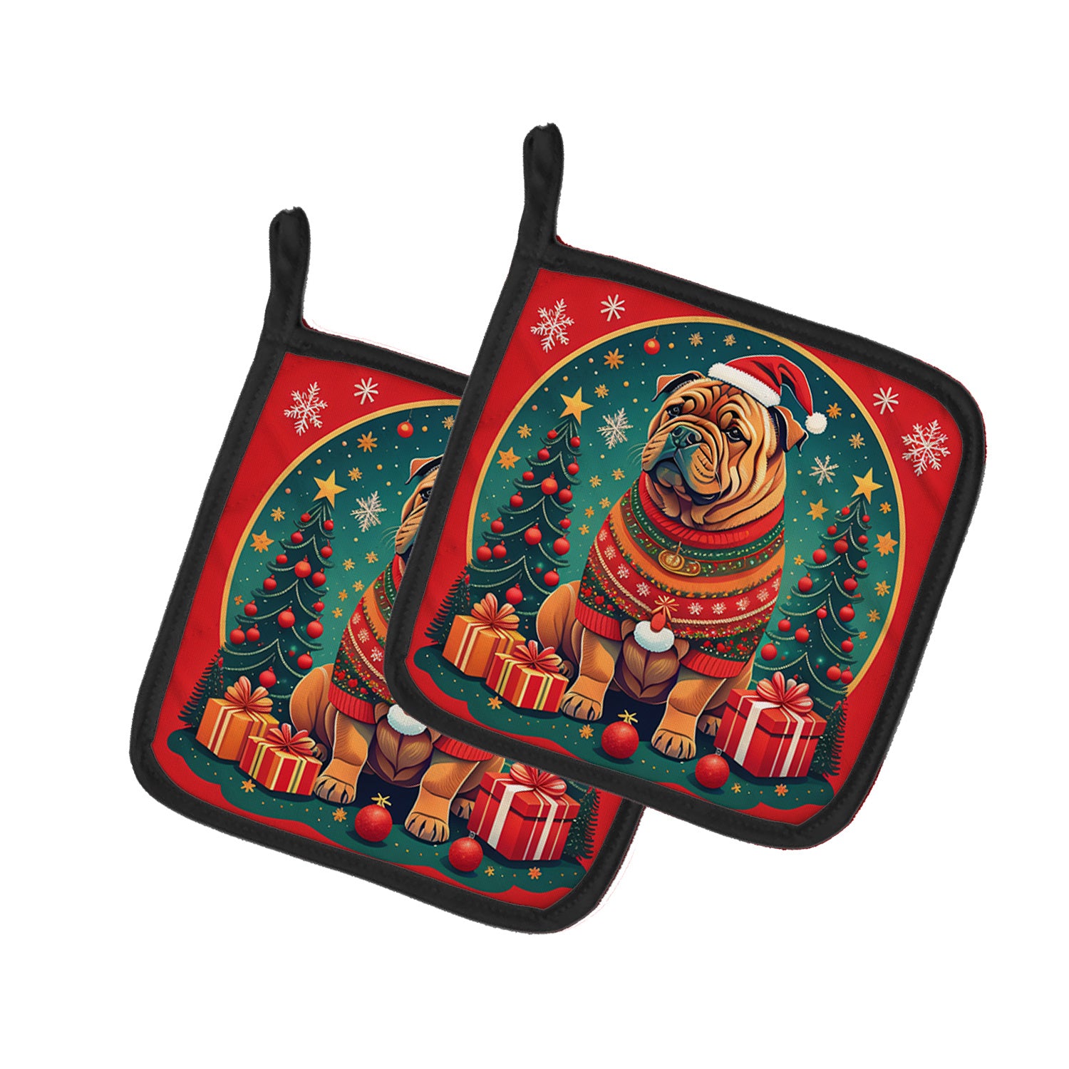 Shar Pei Christmas Pair of Pot Holders Kitchen Heat Resistant Pot Holders Sets Oven Hot Pads for Cooking Baking BBQ, 7 1/2 x 7 1/2