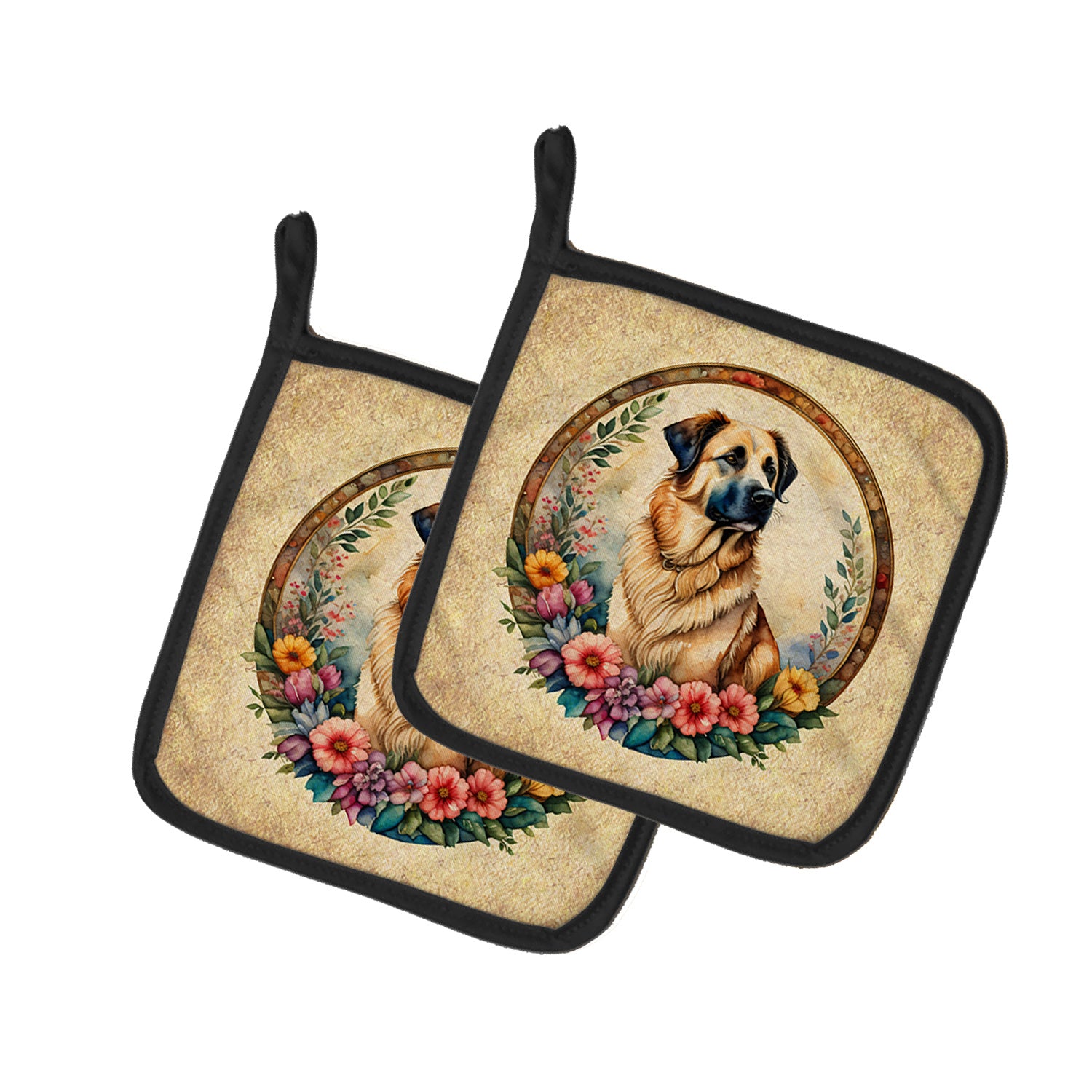 Anatolian Shepherd Dog and Flowers Pair of Pot Holders Kitchen Heat Resistant Pot Holders Sets Oven Hot Pads for Cooking Baking BBQ, 7 1/2 x 7 1/2