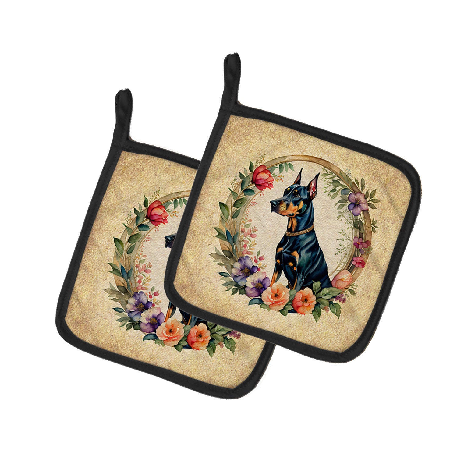 Doberman Pinscher and Flowers Pair of Pot Holders Kitchen Heat Resistant Pot Holders Sets Oven Hot Pads for Cooking Baking BBQ, 7 1/2 x 7 1/2