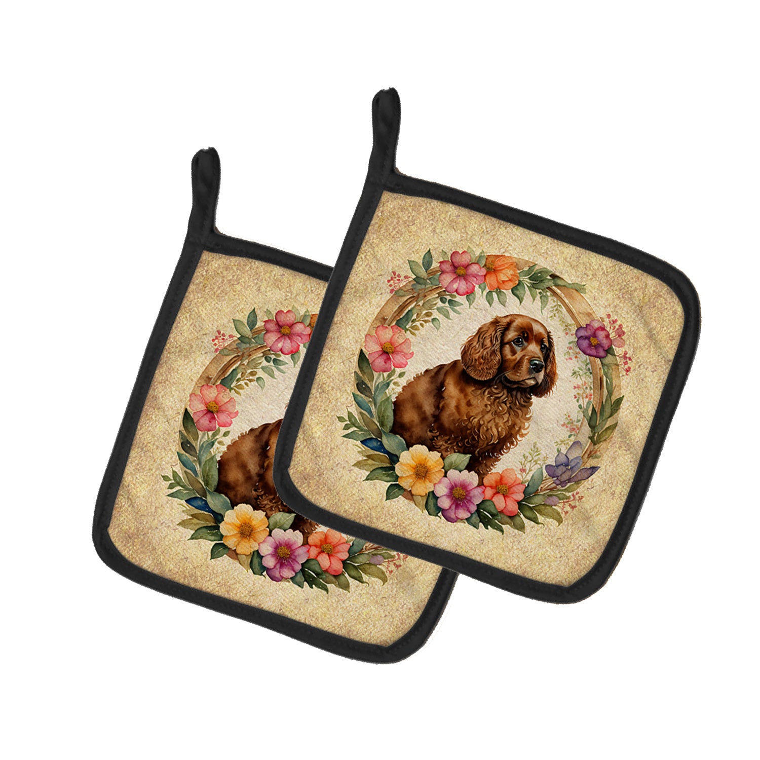 American Water Spaniel and Flowers Pair of Pot Holders Kitchen Heat Resistant Pot Holders Sets Oven Hot Pads for Cooking Baking BBQ, 7 1/2 x 7 1/2