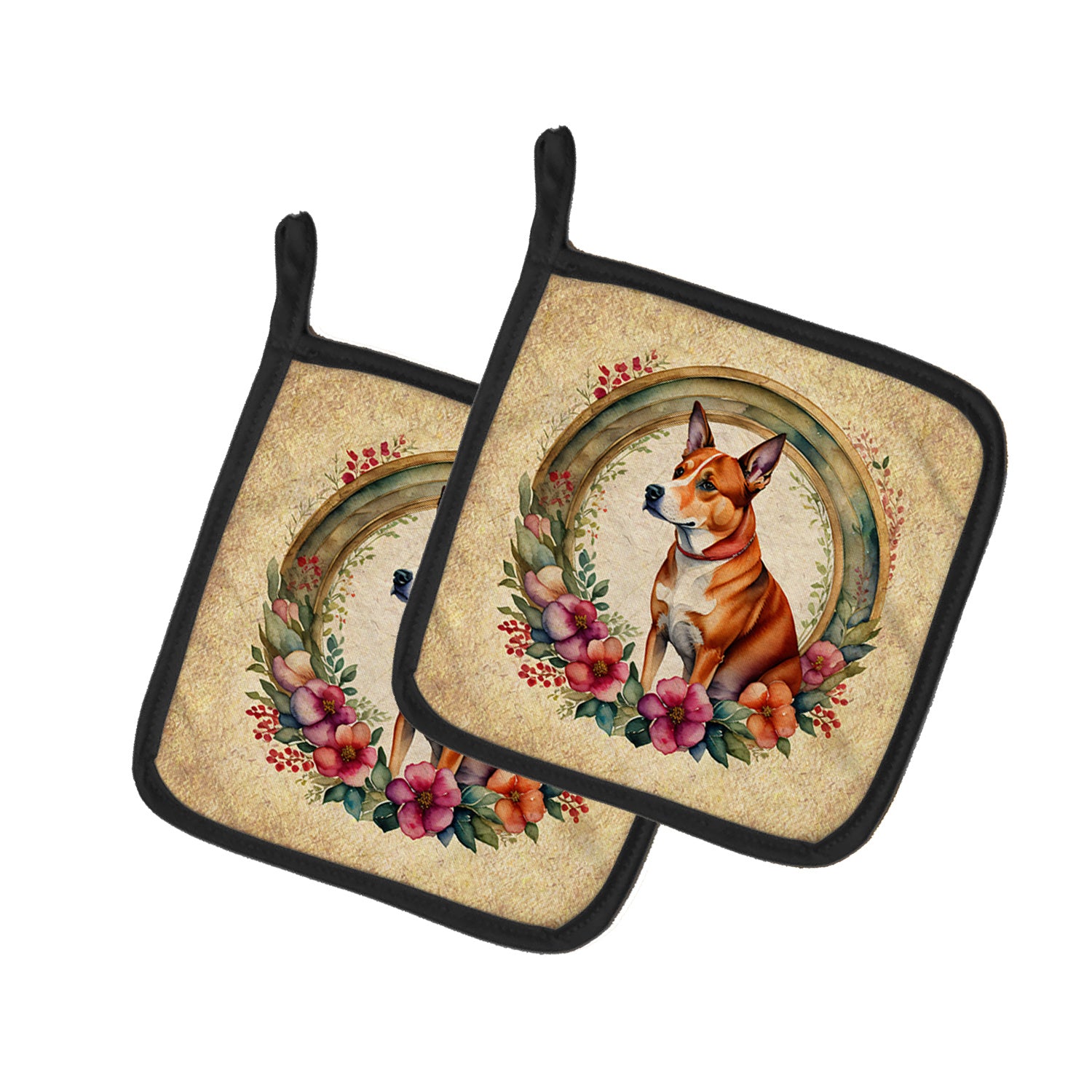 Basenji and Flowers Pair of Pot Holders Kitchen Heat Resistant Pot Holders Sets Oven Hot Pads for Cooking Baking BBQ, 7 1/2 x 7 1/2