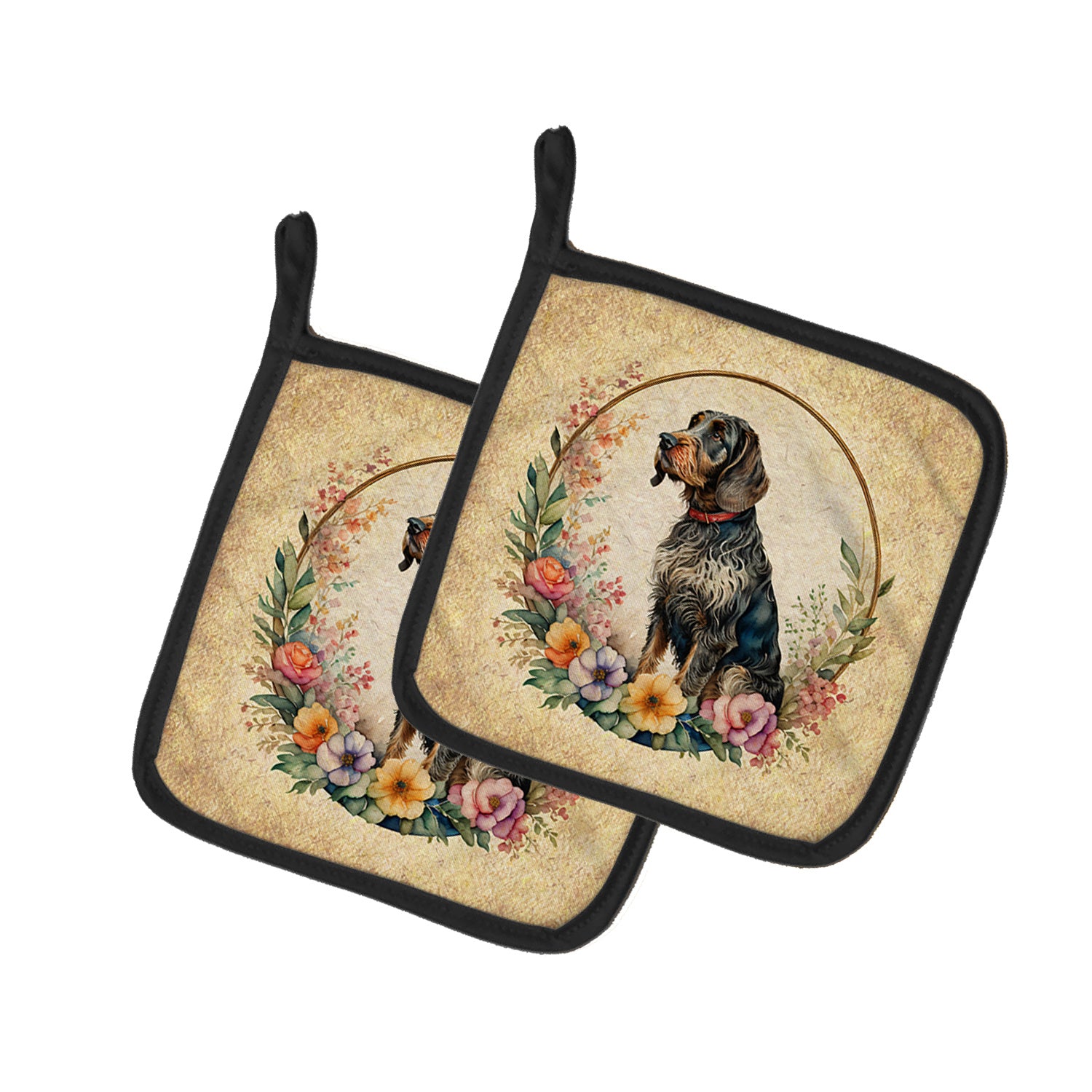 German Wirehaired Pointer and Flowers Pair of Pot Holders Kitchen Heat Resistant Pot Holders Sets Oven Hot Pads for Cooking Baking BBQ, 7 1/2 x 7 1/2