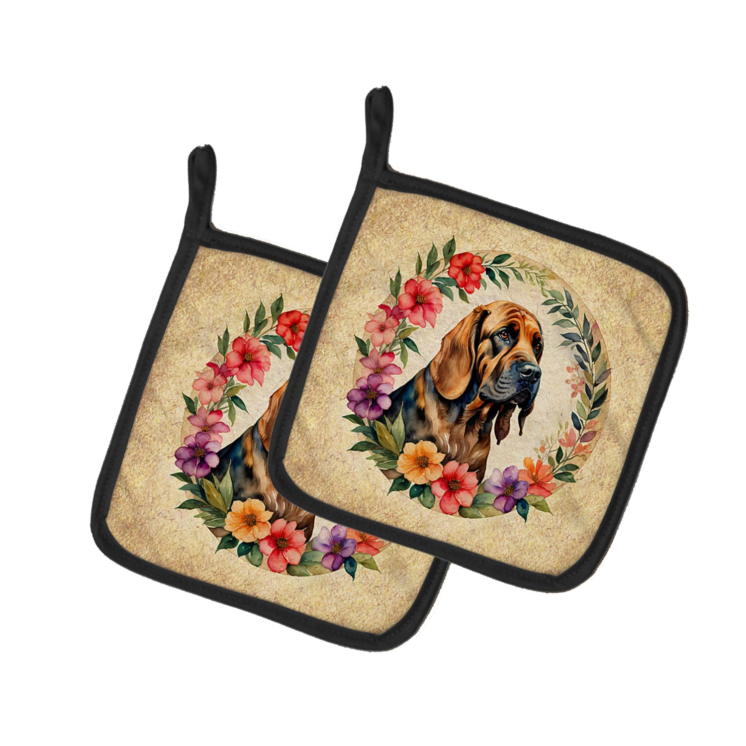 Bloodhound and Flowers Pair of Pot Holders Kitchen Heat Resistant Pot Holders Sets Oven Hot Pads for Cooking Baking BBQ, 7 1/2 x 7 1/2