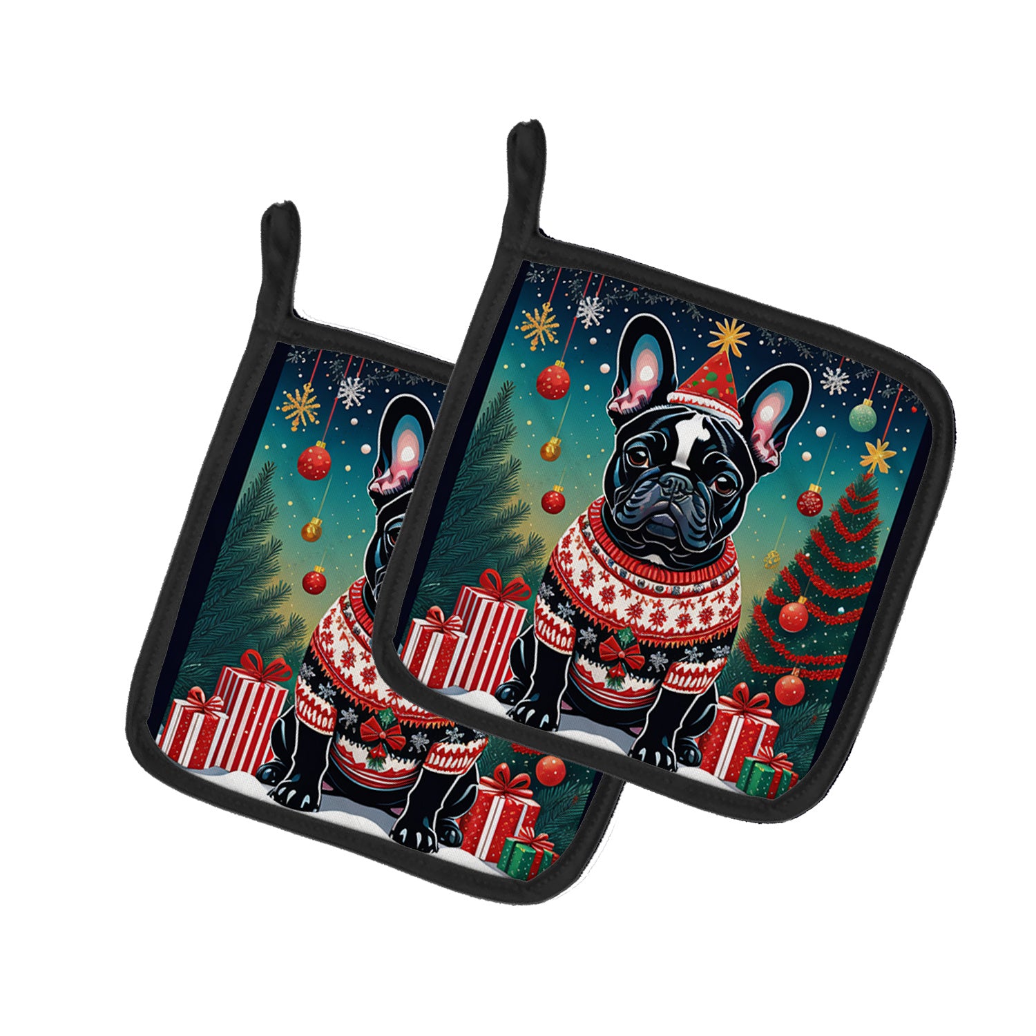 Black French Bulldog Christmas Pair of Pot Holders Kitchen Heat Resistant Pot Holders Sets Oven Hot Pads for Cooking Baking BBQ, 7 1/2 x 7 1/2