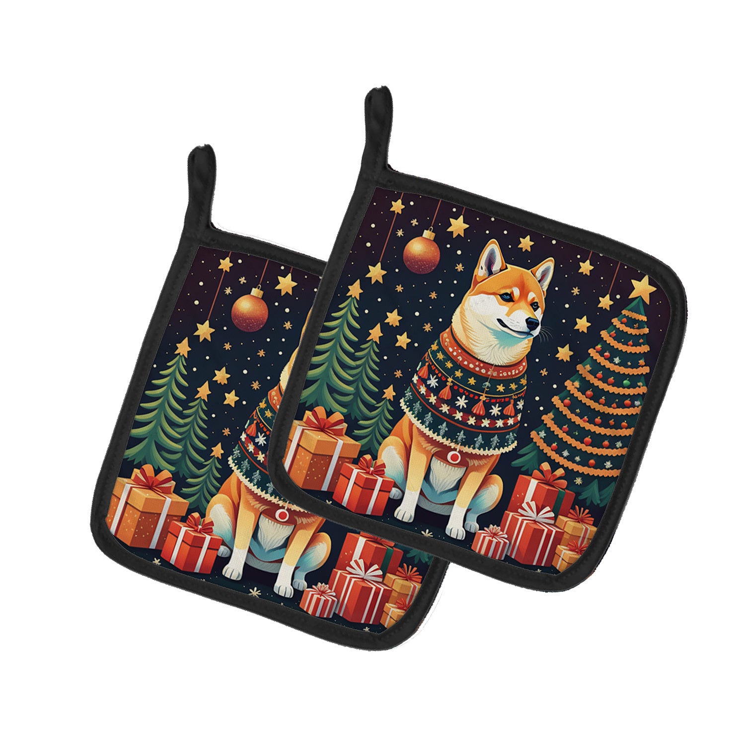 Shiba Inu Christmas Pair of Pot Holders Kitchen Heat Resistant Pot Holders Sets Oven Hot Pads for Cooking Baking BBQ, 7 1/2 x 7 1/2