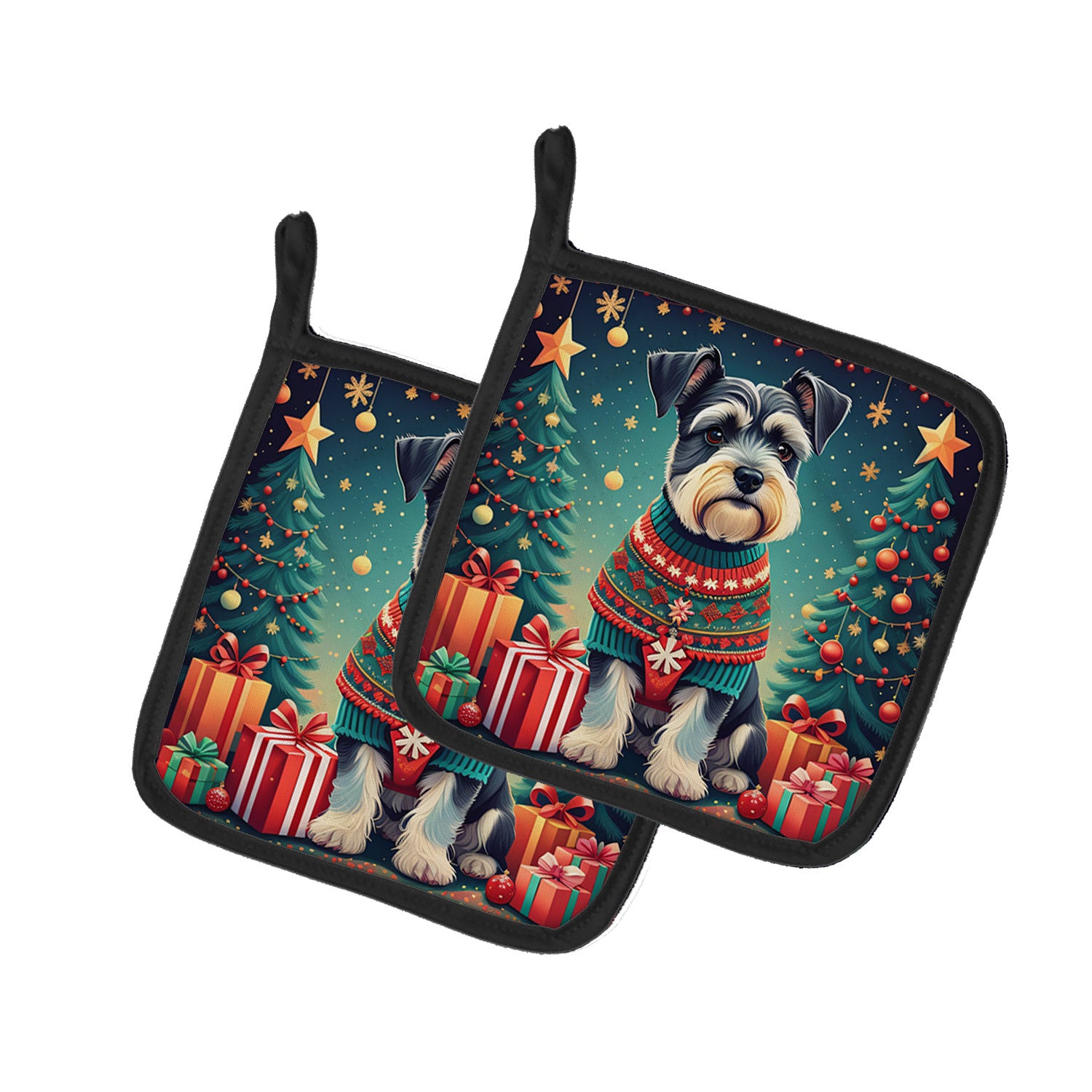 Schnauzer Christmas Pair of Pot Holders Kitchen Heat Resistant Pot Holders Sets Oven Hot Pads for Cooking Baking BBQ, 7 1/2 x 7 1/2