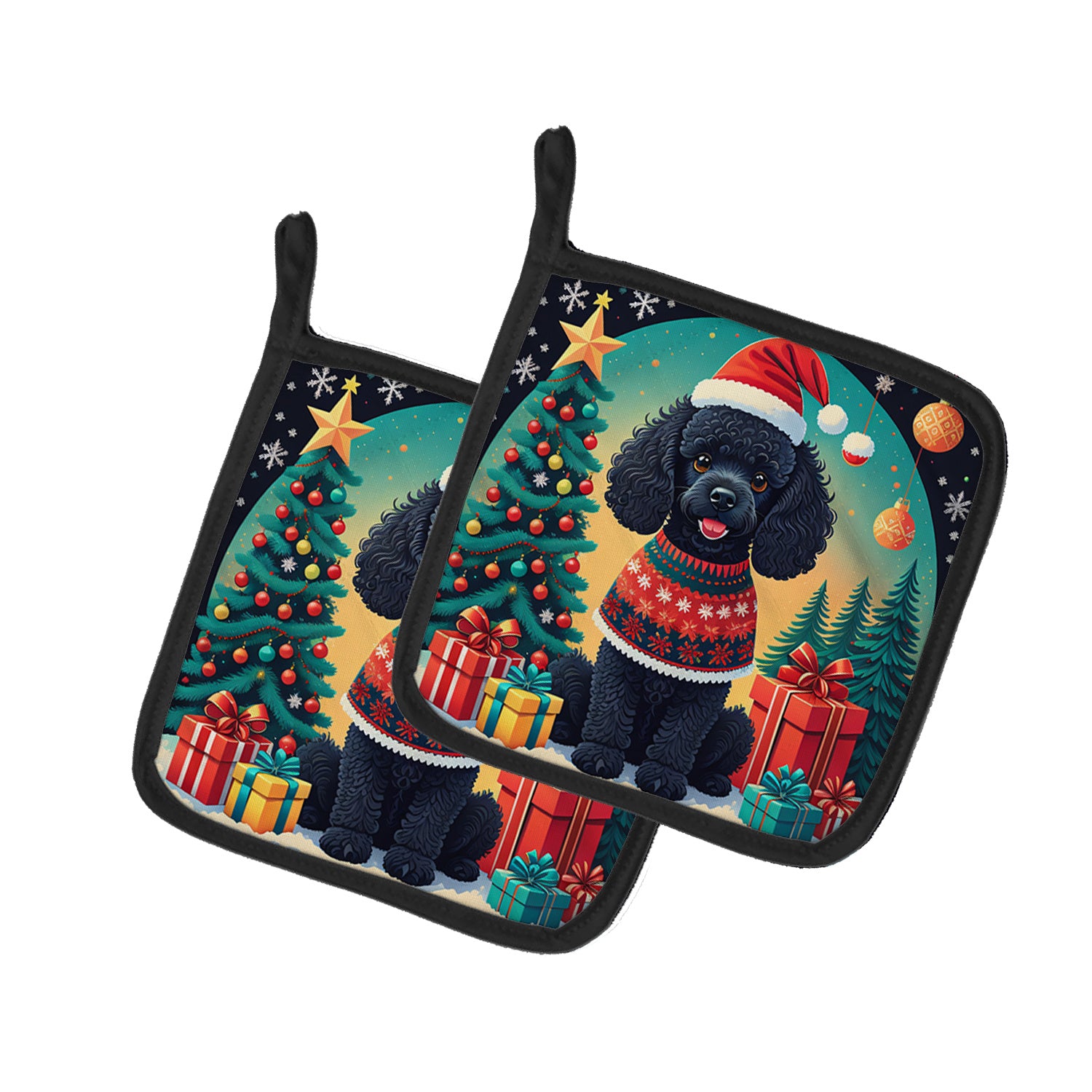 Black Toy Poodle Christmas Pair of Pot Holders Kitchen Heat Resistant Pot Holders Sets Oven Hot Pads for Cooking Baking BBQ, 7 1/2 x 7 1/2