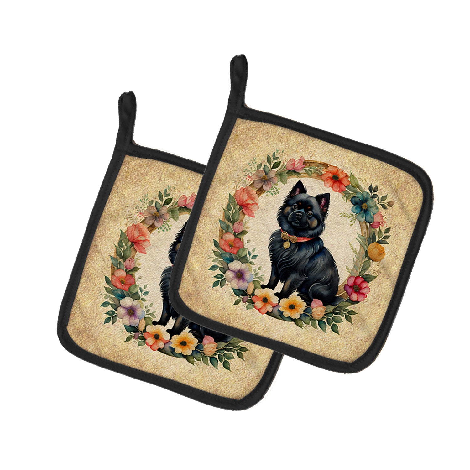 German Spitz and Flowers Pair of Pot Holders Kitchen Heat Resistant Pot Holders Sets Oven Hot Pads for Cooking Baking BBQ, 7 1/2 x 7 1/2