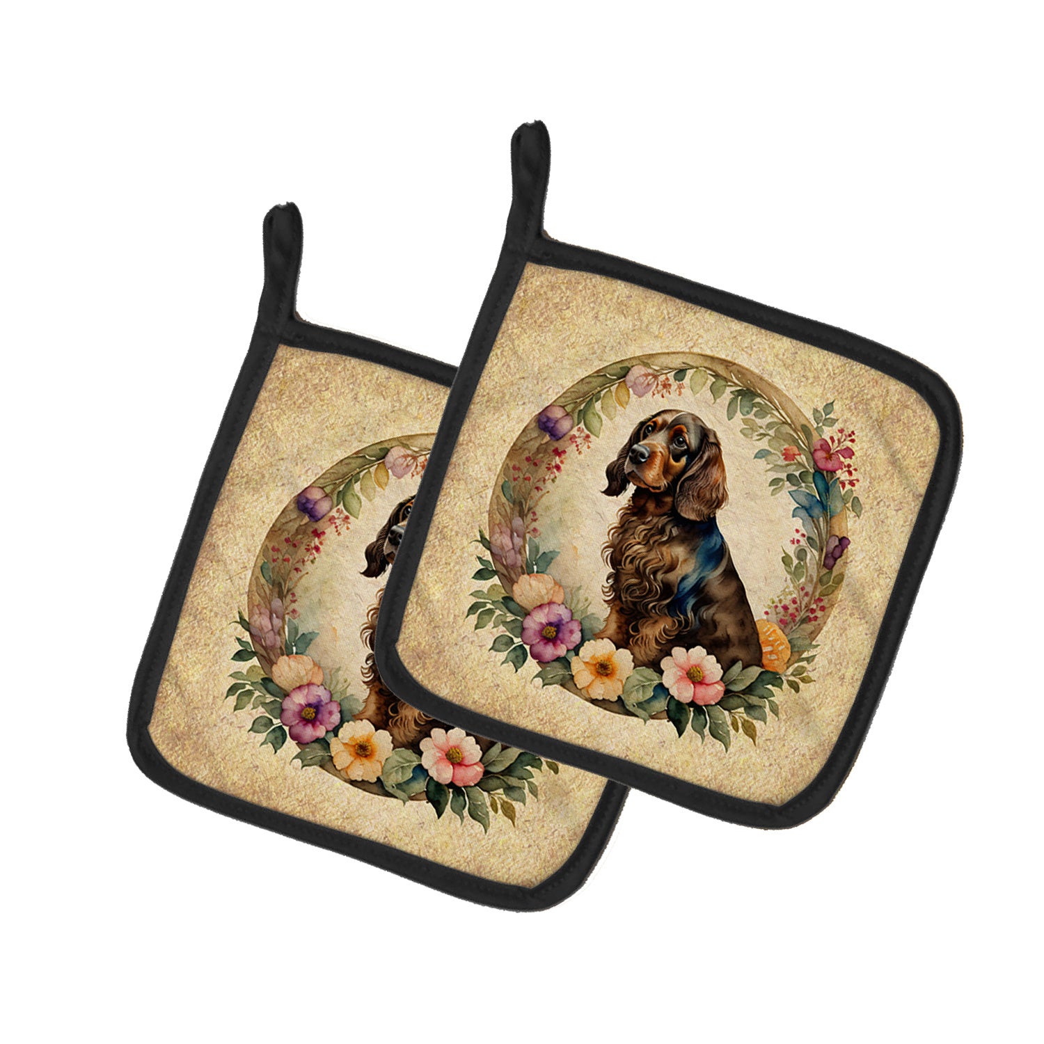 Field Spaniel and Flowers Pair of Pot Holders Kitchen Heat Resistant Pot Holders Sets Oven Hot Pads for Cooking Baking BBQ, 7 1/2 x 7 1/2