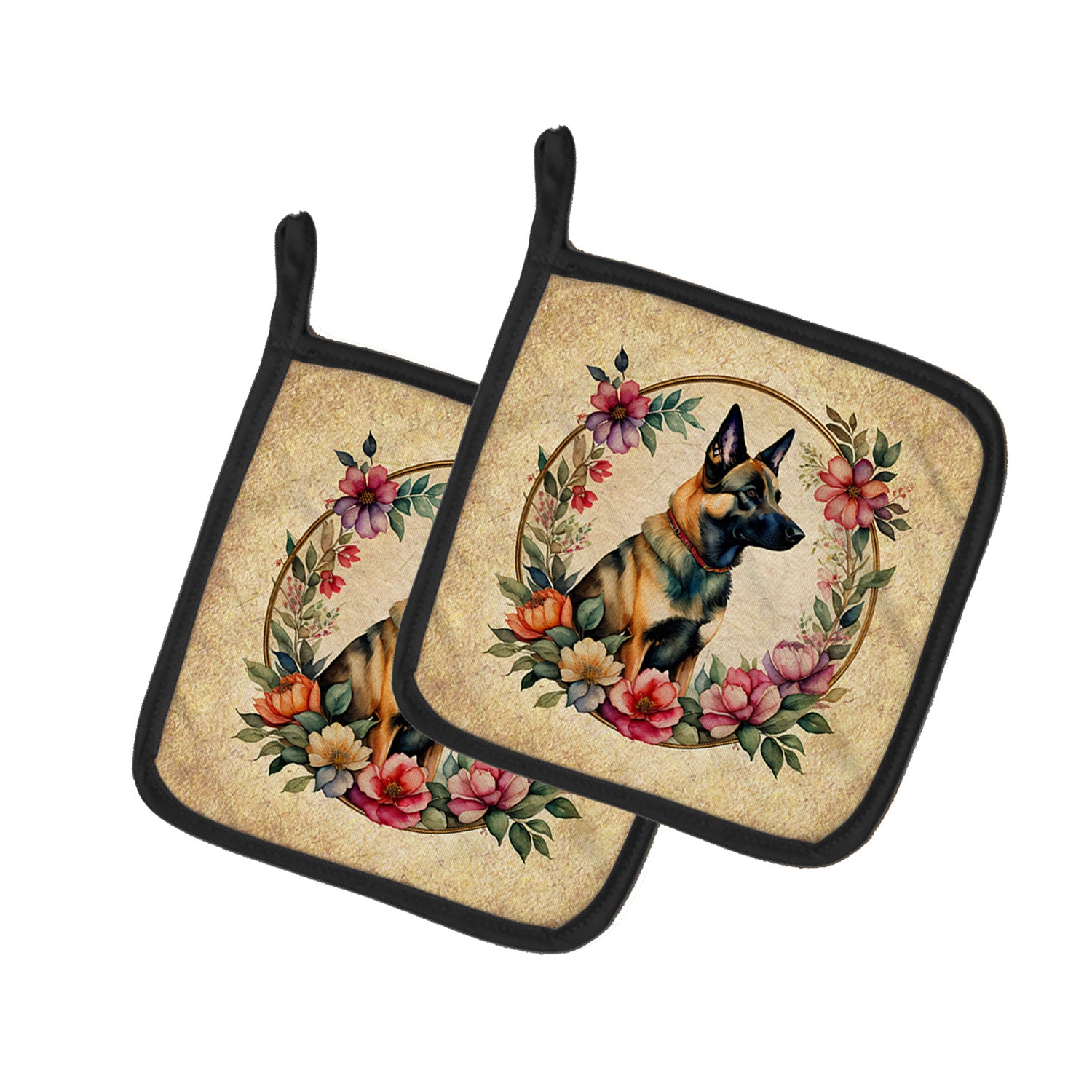 Belgian Malinois and Flowers Pair of Pot Holders Kitchen Heat Resistant Pot Holders Sets Oven Hot Pads for Cooking Baking BBQ, 7 1/2 x 7 1/2