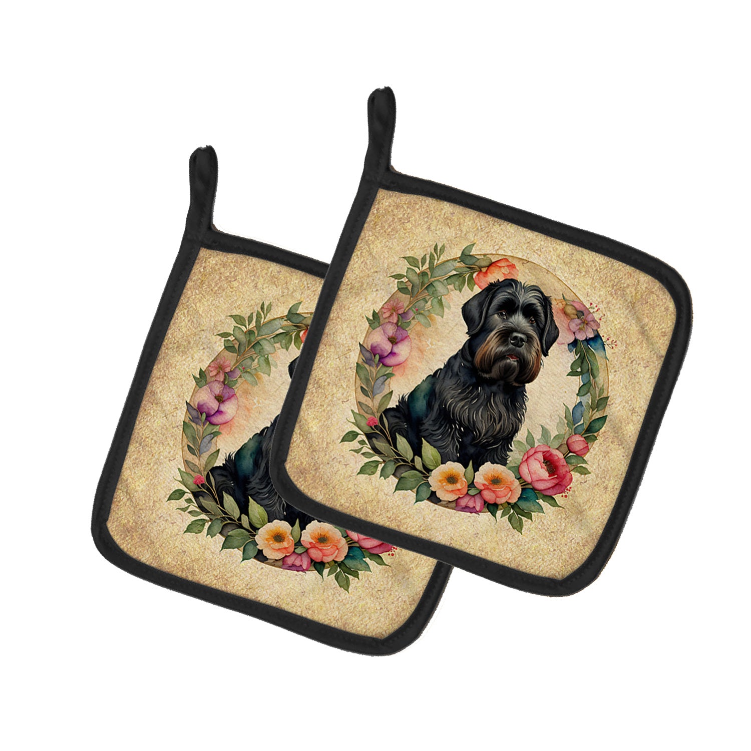 Black Russian Terrier and Flowers Pair of Pot Holders Kitchen Heat Resistant Pot Holders Sets Oven Hot Pads for Cooking Baking BBQ, 7 1/2 x 7 1/2